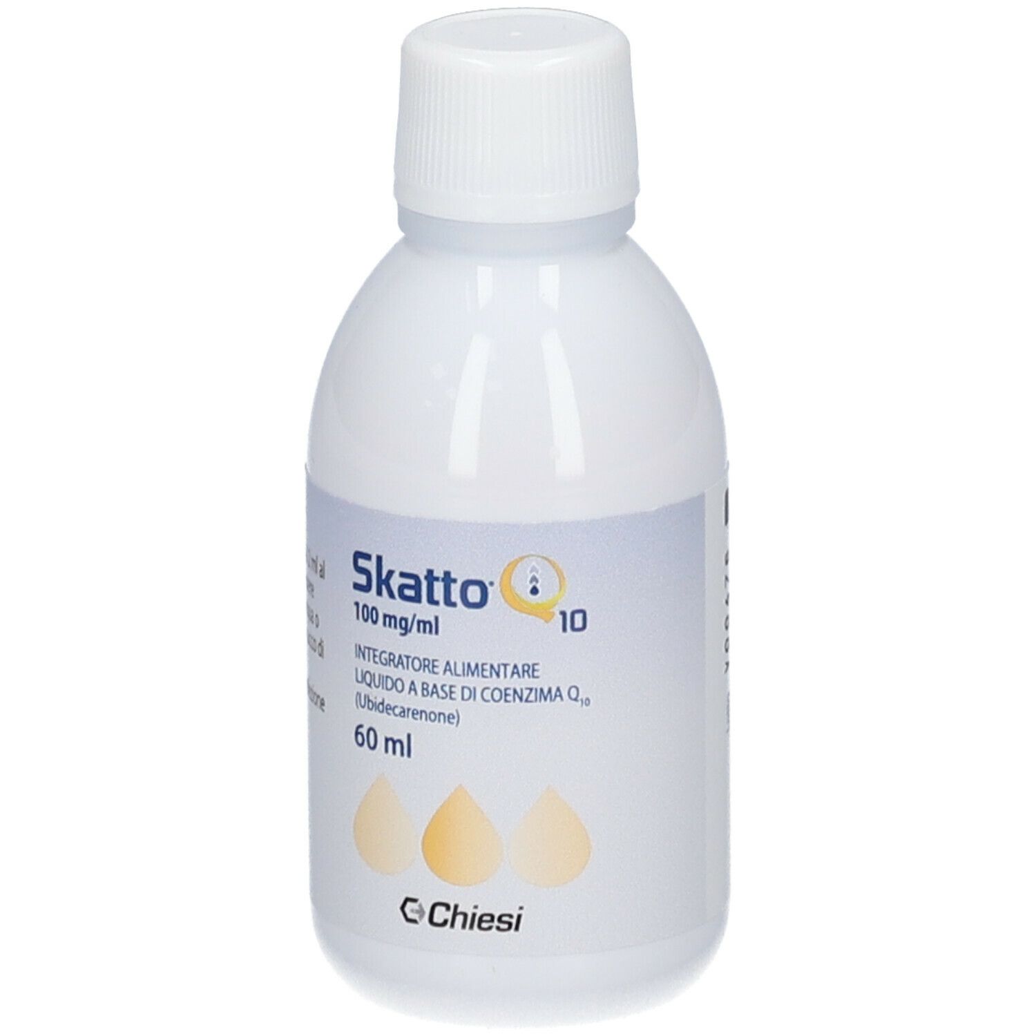 Flacon blanc avec bouchon à vis. Inscription Skatto Q10, 100 mg/ml, 60 ml. Symbole de goutte. Marque Chiesi.