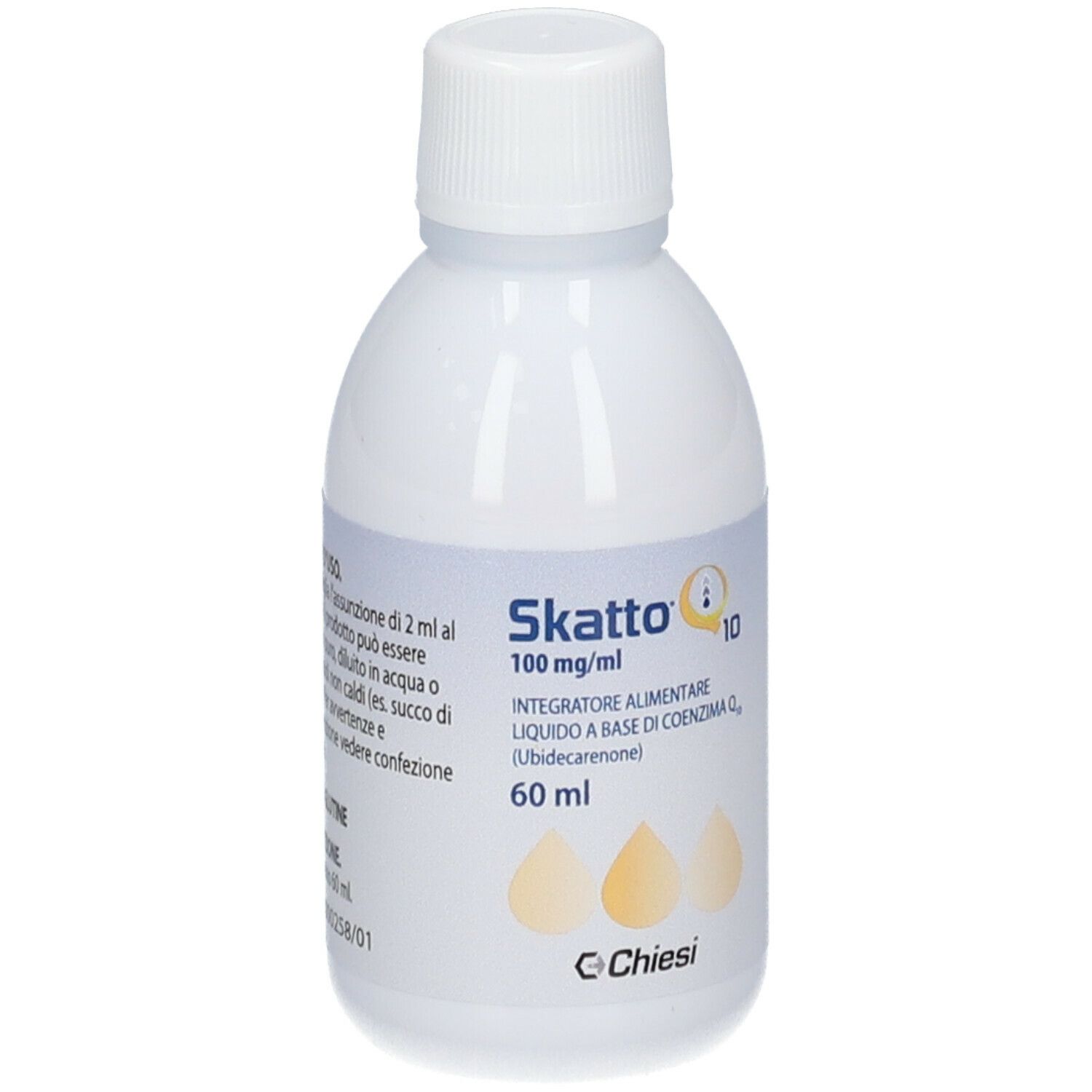 Flacon blanc avec bouchon à vis. Inscription Skatto Q10, 100 mg/ml, 60 ml. Symbole de goutte. Marque Chiesi.