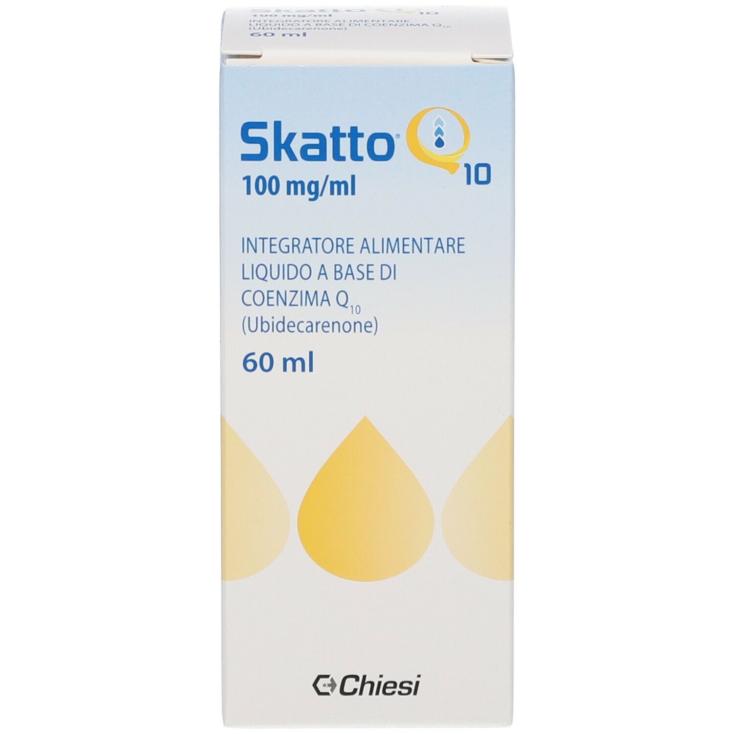 Emballage du produit. Inscription Skatto Q10, 100 mg/ml, 60 ml. Symbole de goutte. Marque Chiesi.