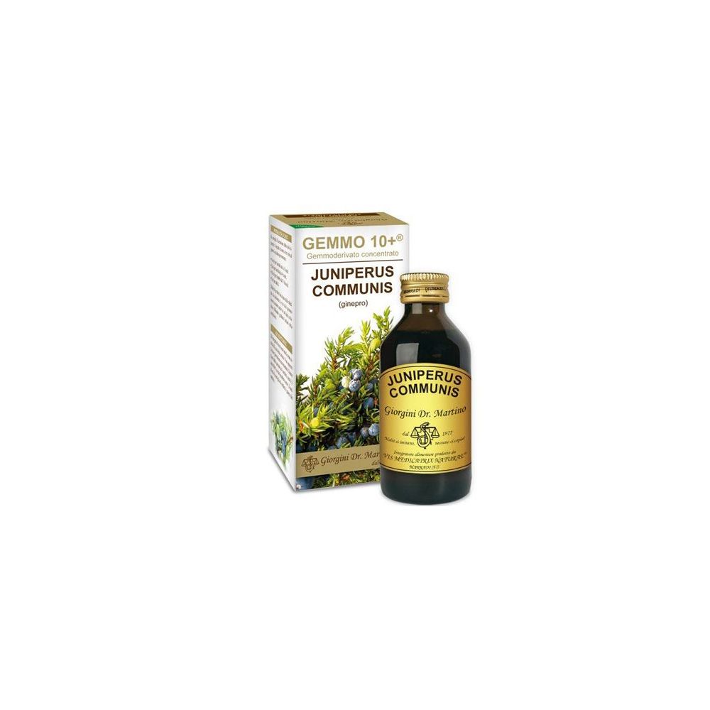 Bottiglia di vetro marrone e scatola. Scritta: Juniperus Communis. Prodotto da Giorgini Dr. Martino.