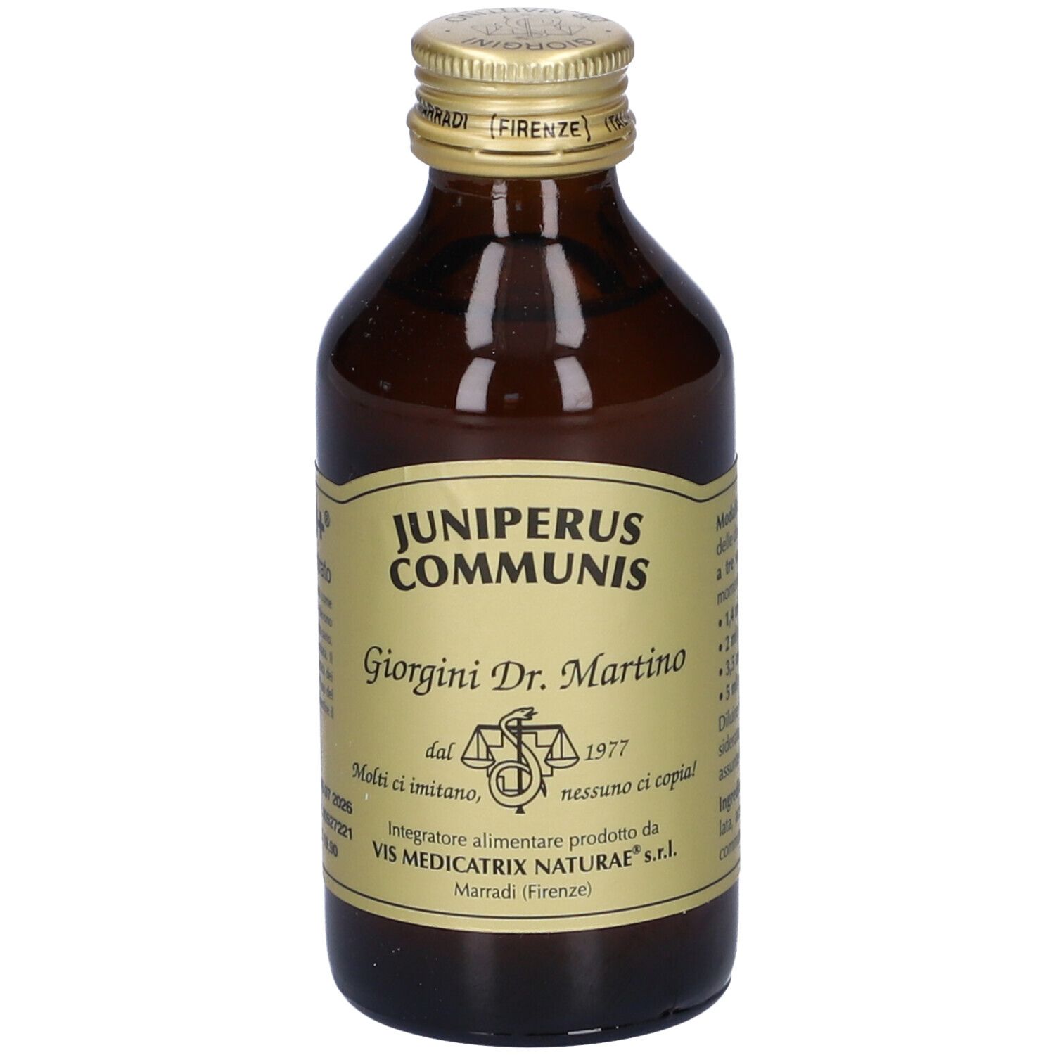 Bottiglia di vetro marrone con tappo dorato. Scritta: Juniperus Communis. Prodotto da Giorgini Dr. Martino.