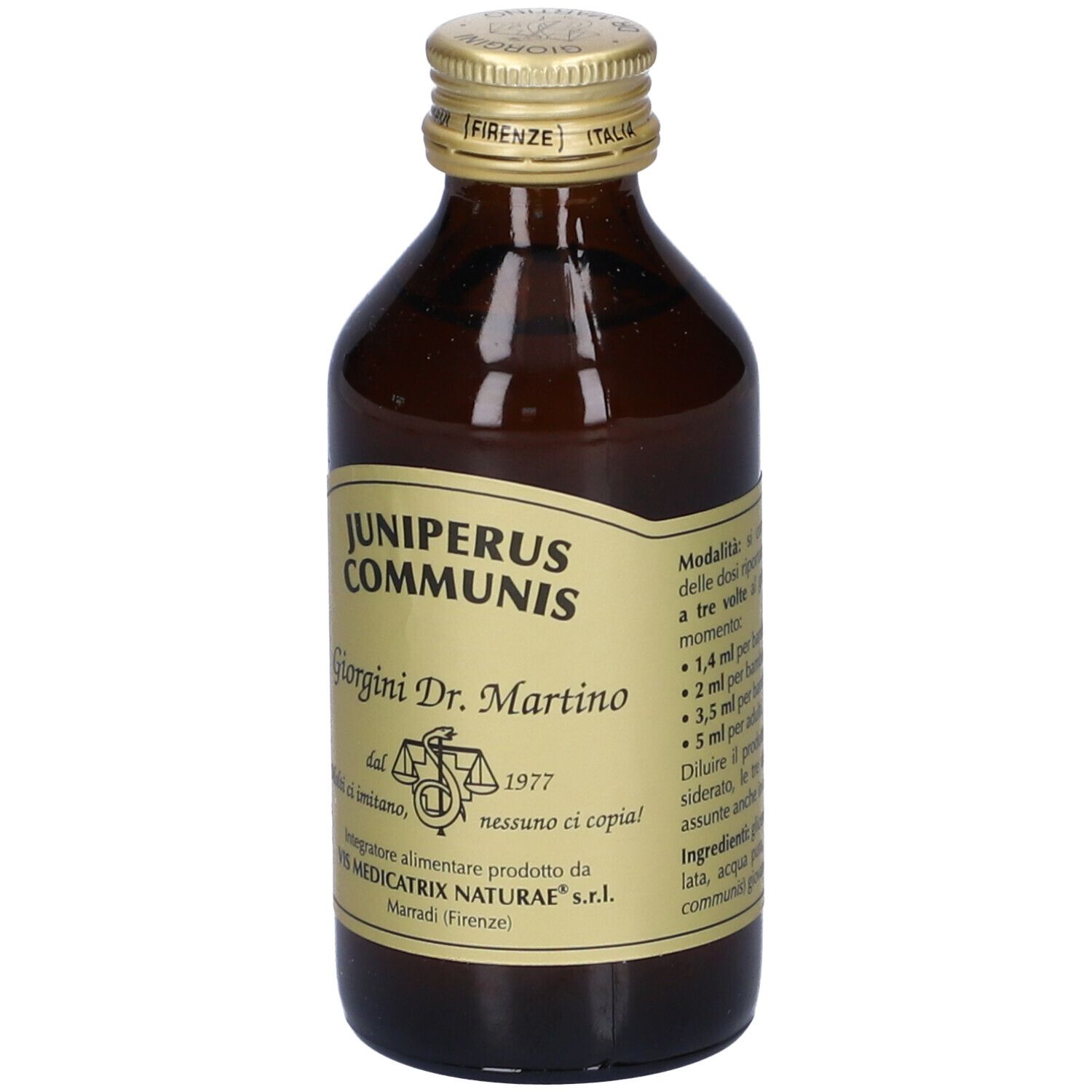 Bottiglia di vetro marrone con tappo dorato. Scritta: Juniperus Communis. Prodotto da Giorgini Dr. Martino.