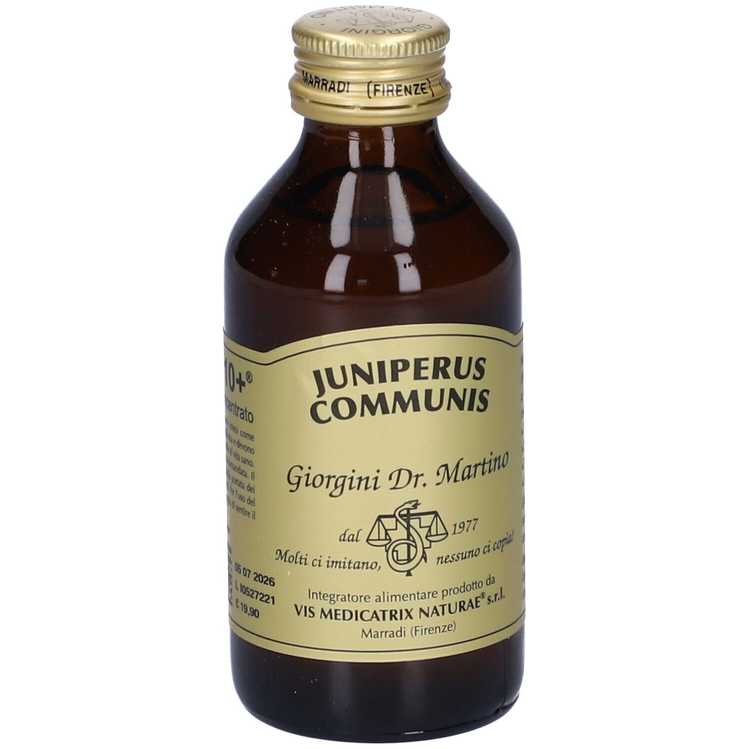 Bottiglia di vetro marrone con tappo dorato. Scritta: Juniperus Communis. Prodotto da Giorgini Dr. Martino.