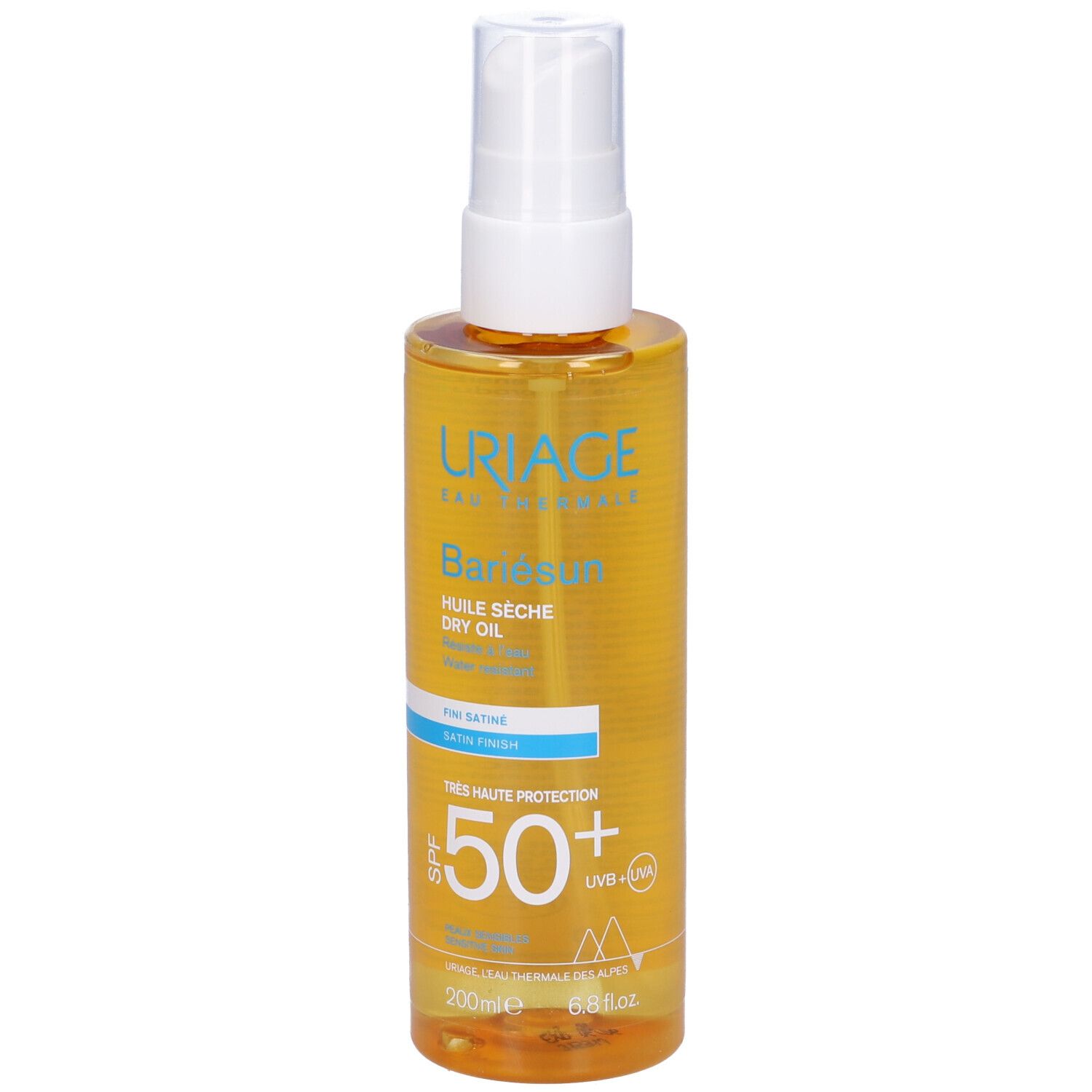 Flacone Uriage Bariésun Olio Secco SPF 50+. Liquido giallo, vaporizzatore bianco. Testo con SPF 50+.