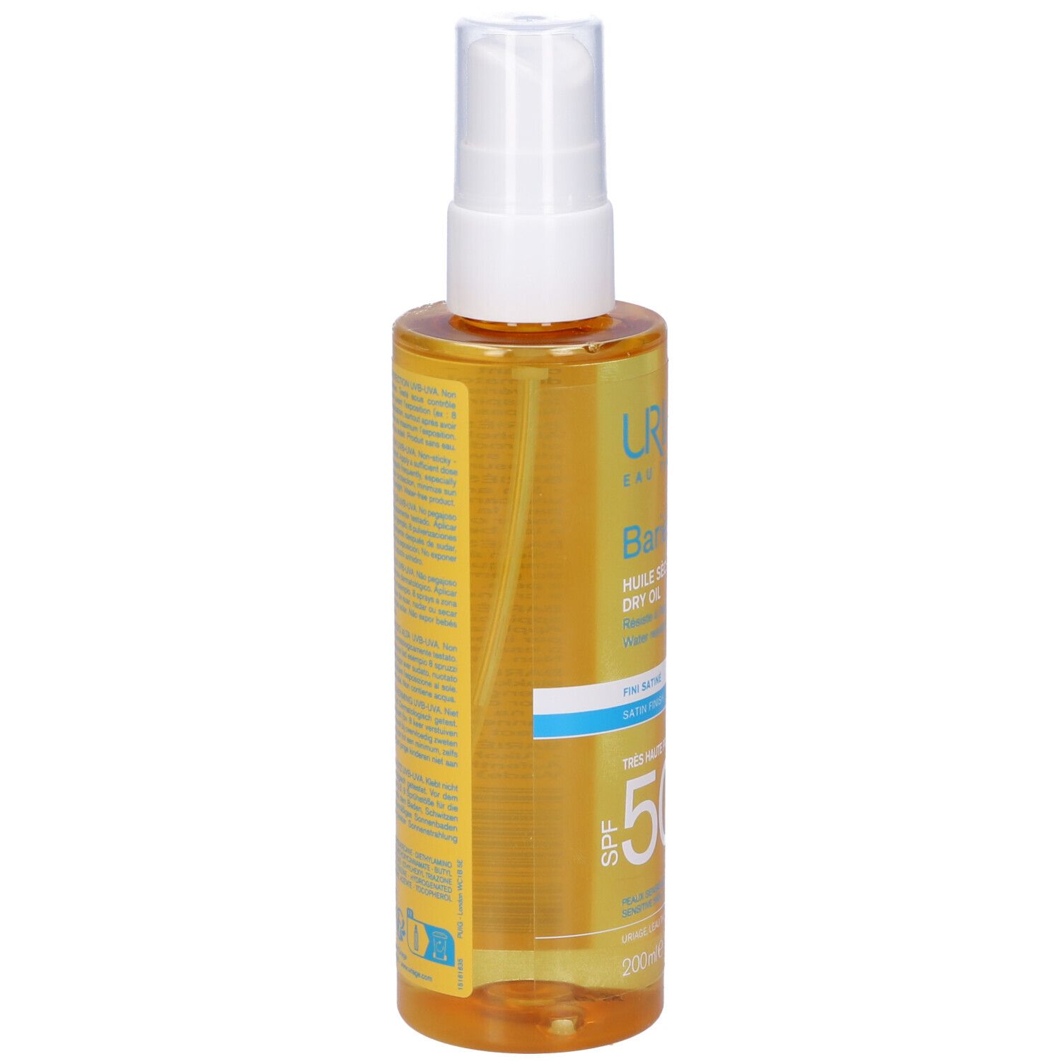 Flacone Uriage Bariésun Olio Secco SPF 50+. Liquido giallo, vaporizzatore bianco. Retro con testo.