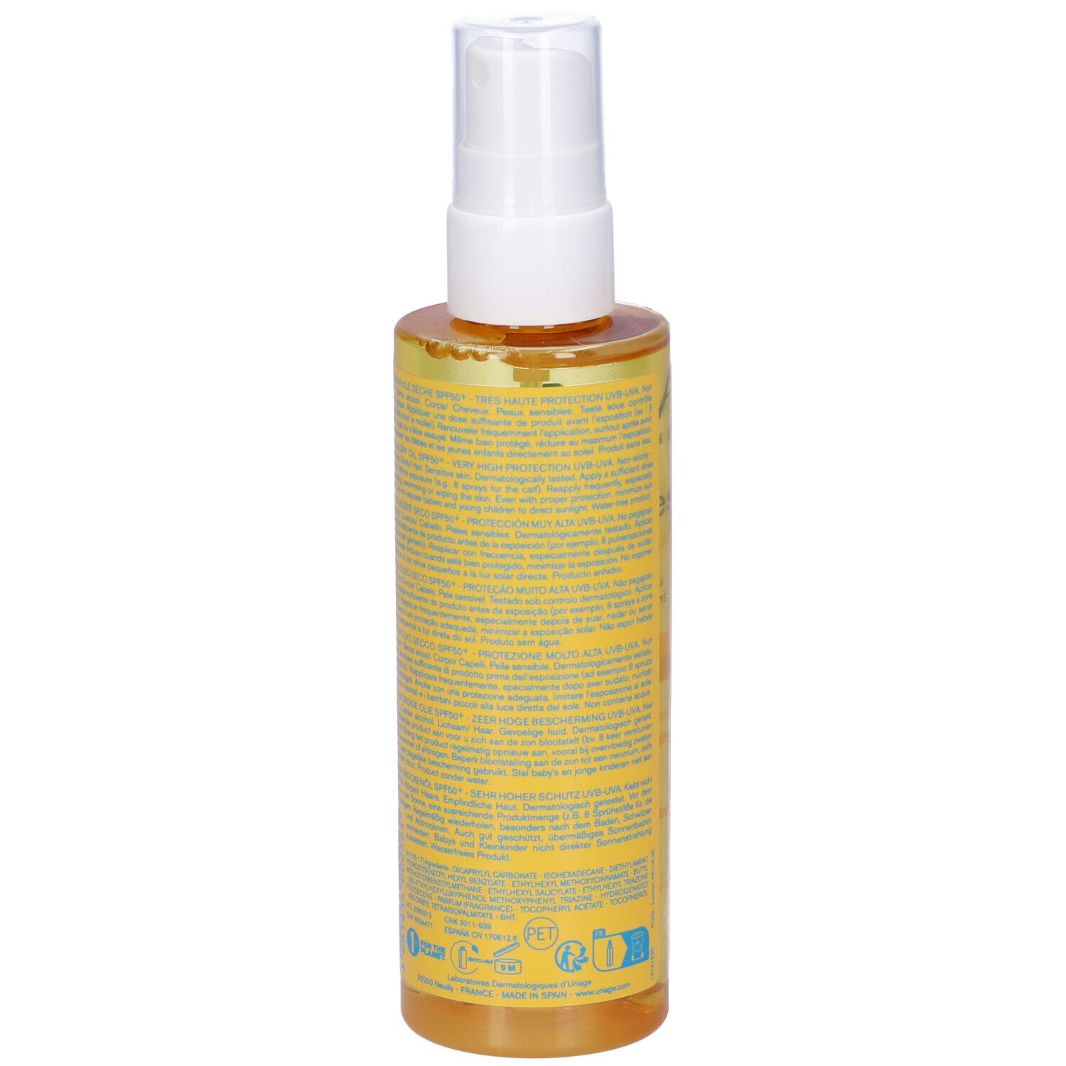 Retro del flacone Uriage Bariésun Olio Secco SPF 50+. Sfondo giallo, testo in più lingue.