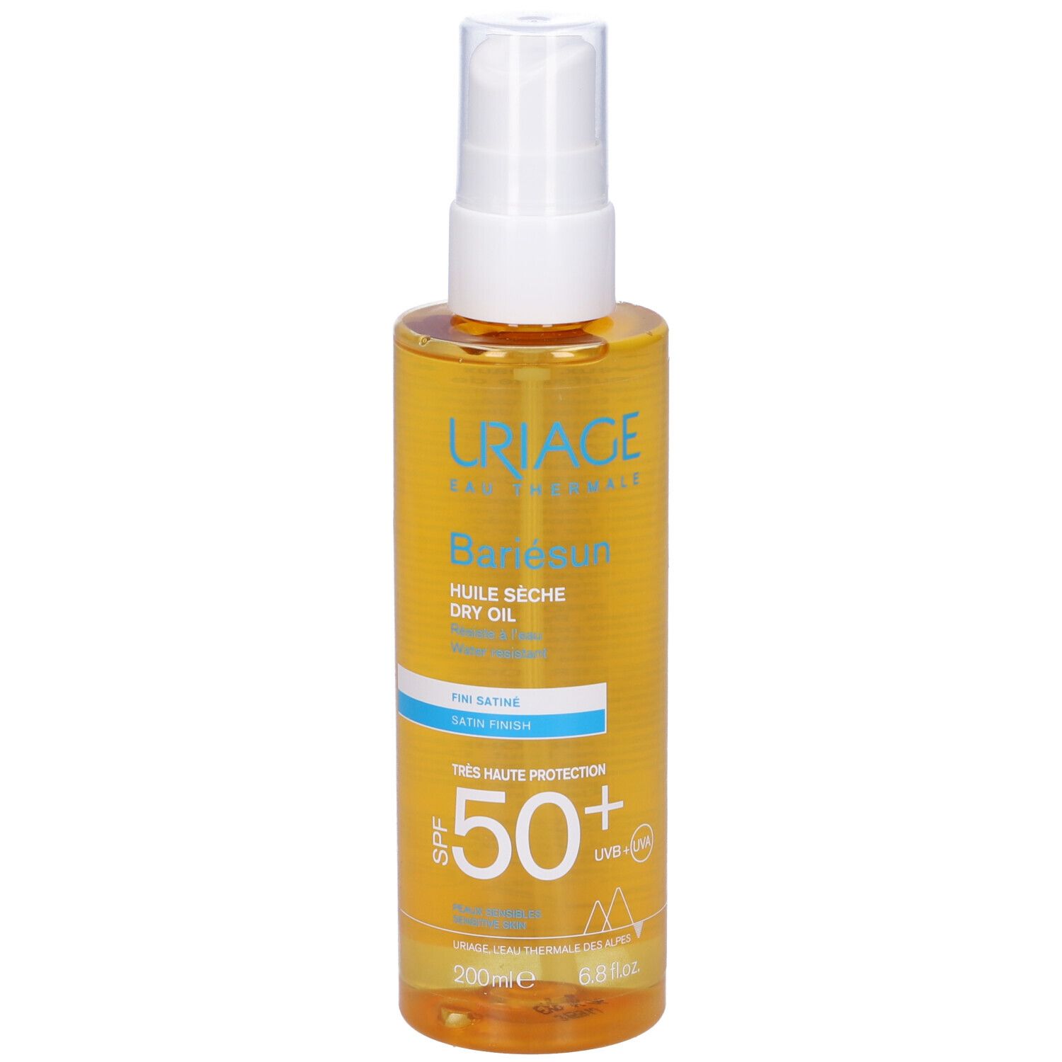 Flacone Uriage Bariésun Olio Secco SPF 50+. Liquido giallo, vaporizzatore bianco. Testo con SPF 50+.
