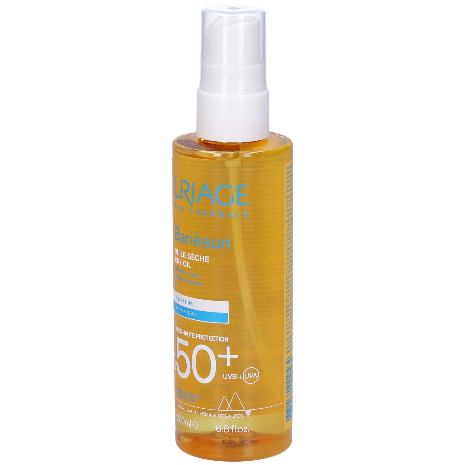 Flacone Uriage Bariésun Olio Secco SPF 50+. Liquido giallo, vaporizzatore bianco. Testo con SPF 50+.