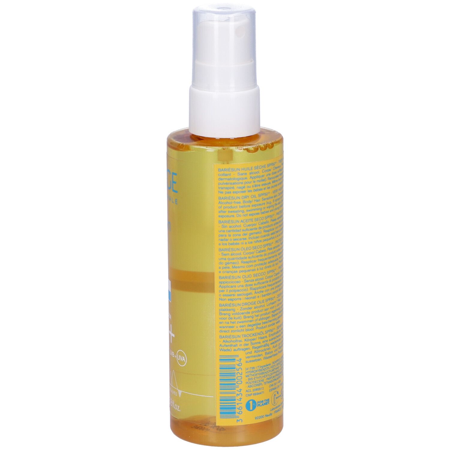 Retro del flacone Uriage Bariésun Olio Secco SPF 50+. Sfondo giallo, testo in più lingue.