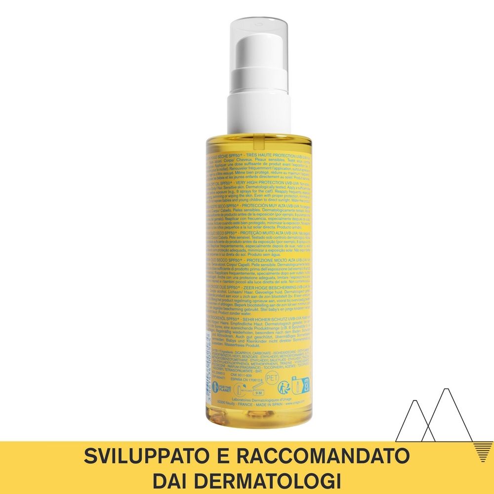 Retro del flacone Uriage Bariésun Olio Secco SPF 50+. Sfondo giallo, testo in più lingue.