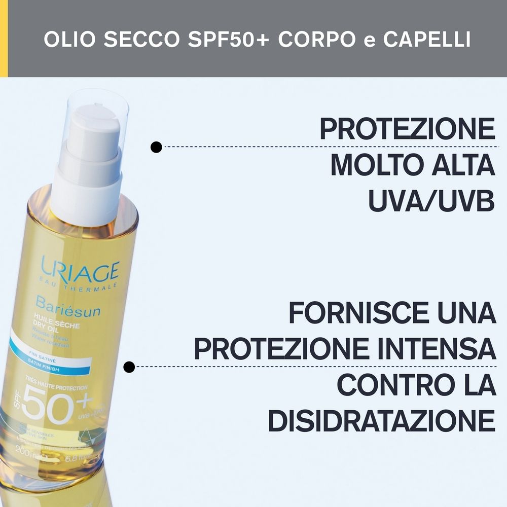 Flacone Uriage Bariésun Olio Secco SPF 50+. Testo: 'Protezione molto alta UVA/UVB', 'Fornisce una protezione intensa'.
