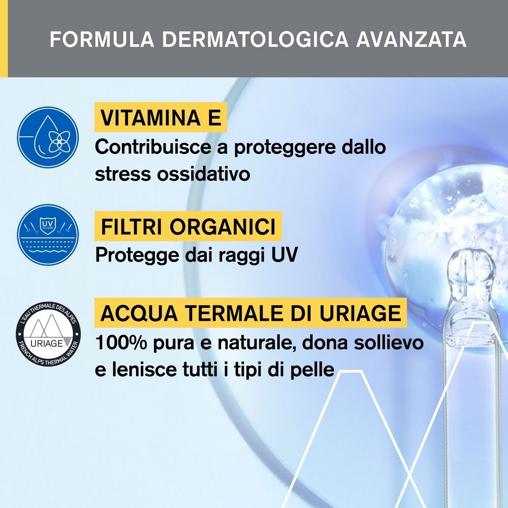 Grafico con ingredienti: Vitamina E, filtri organici, Acqua Termale Uriage. Testo in italiano.
