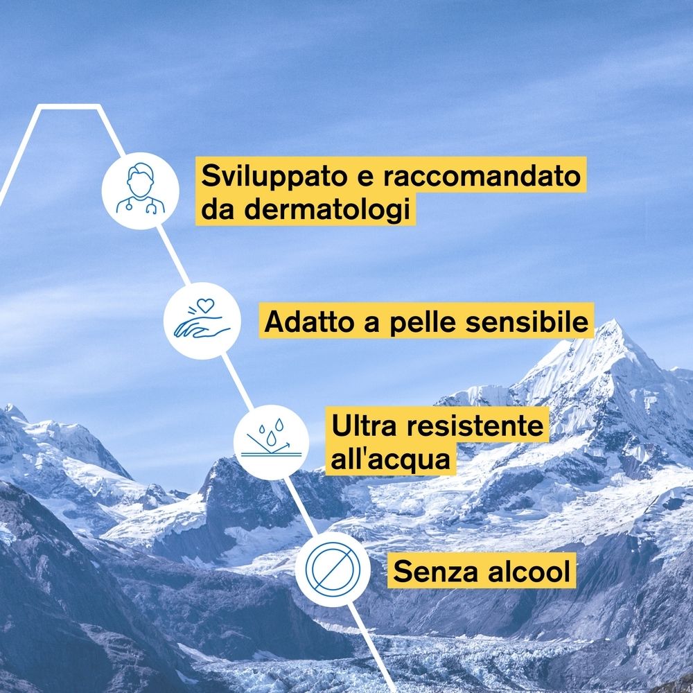 Grafico con icone e testo. 'Sviluppato e raccomandato da dermatologi', 'Adatto a pelle sensibile', 'Senza alcool'.