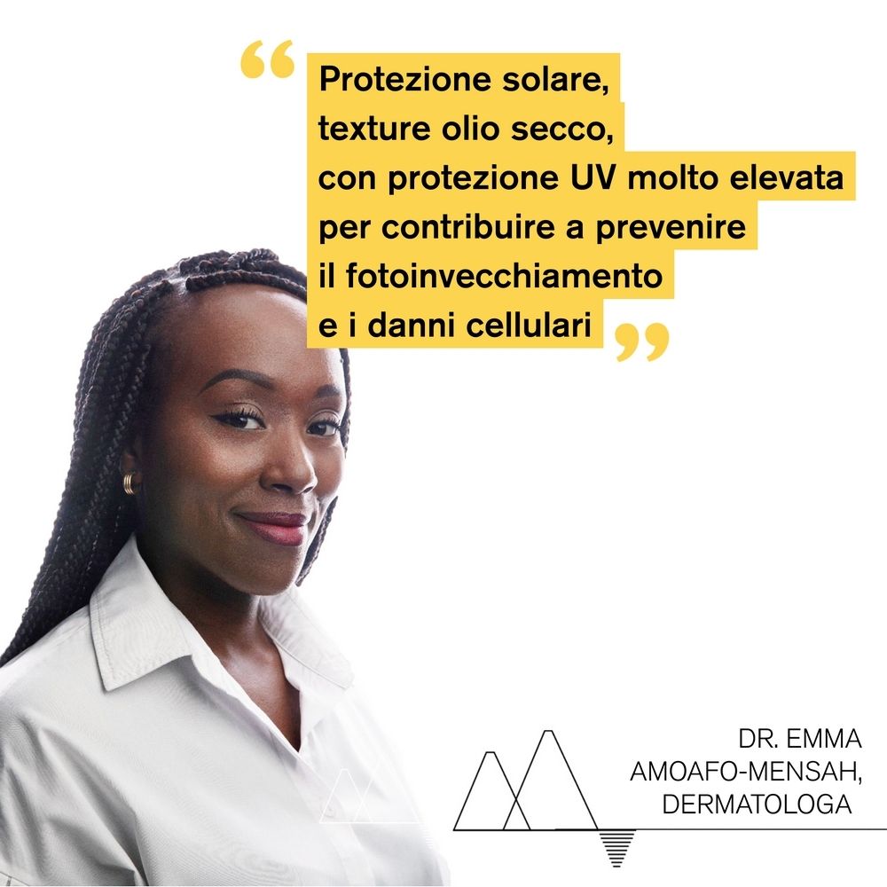 Donna con testo sulla protezione solare e danni cellulari. Firma: Dr. Emma Amoafo-Mensah, dermatologa.