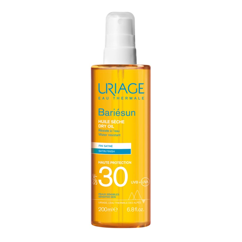 Uriage Bariésun Olio Secco SPF 30. Flacone giallo con erogatore spray. Testo sull'etichetta: « Huile Sèche Dry Oil » e « SPF 30 ».