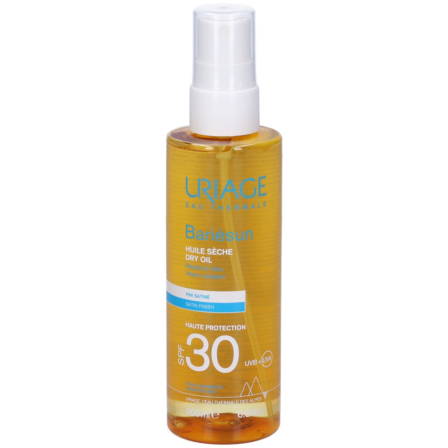 Uriage Bariésun Olio Secco SPF 30. Flacone giallo con erogatore spray. Testo sull'etichetta: « Huile Sèche Dry Oil » e « SPF 30 ».