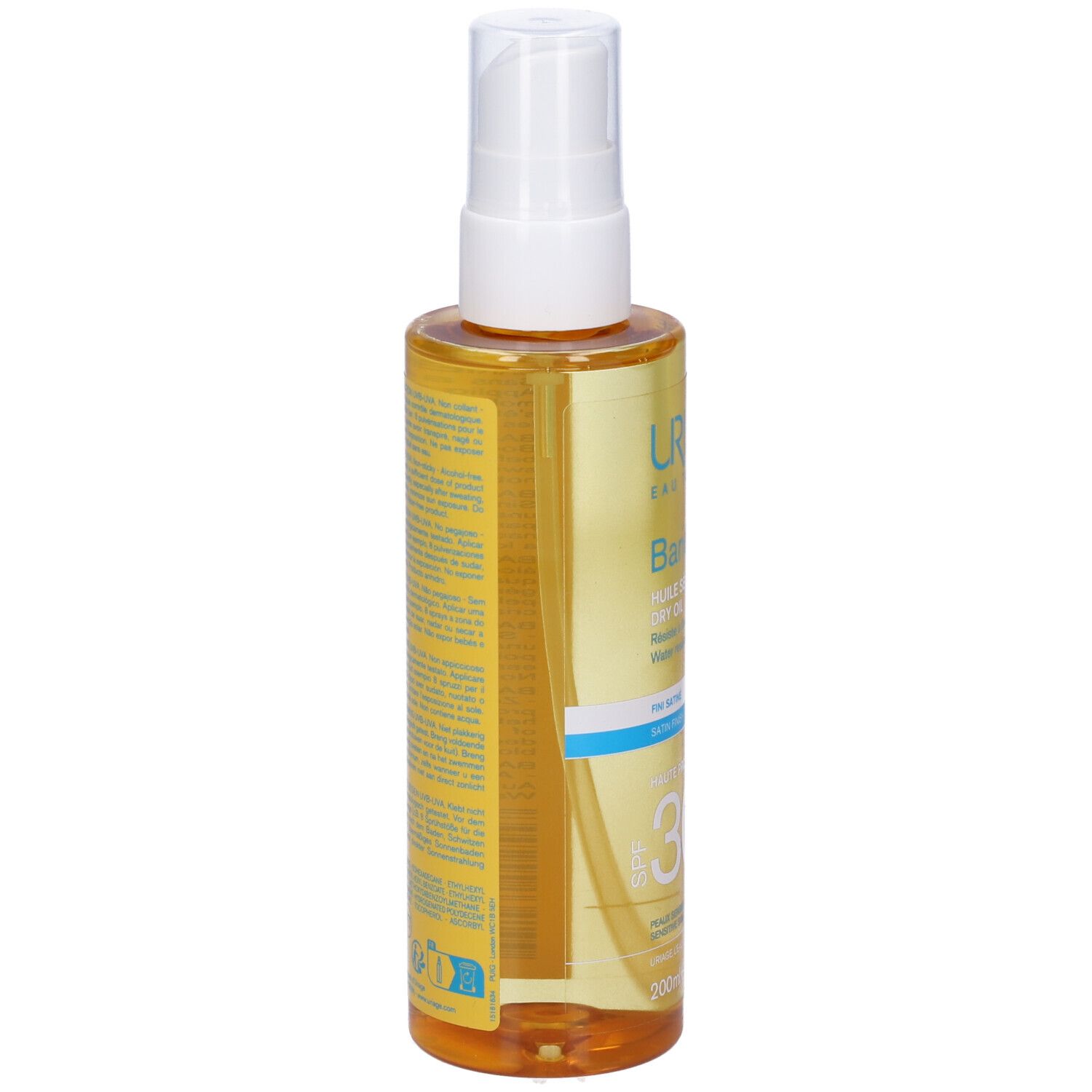 Uriage Bariésun Olio Secco SPF 30. Flacone giallo con erogatore spray. Testo sull'etichetta: « Huile Sèche Dry Oil » e « SPF 30 ».