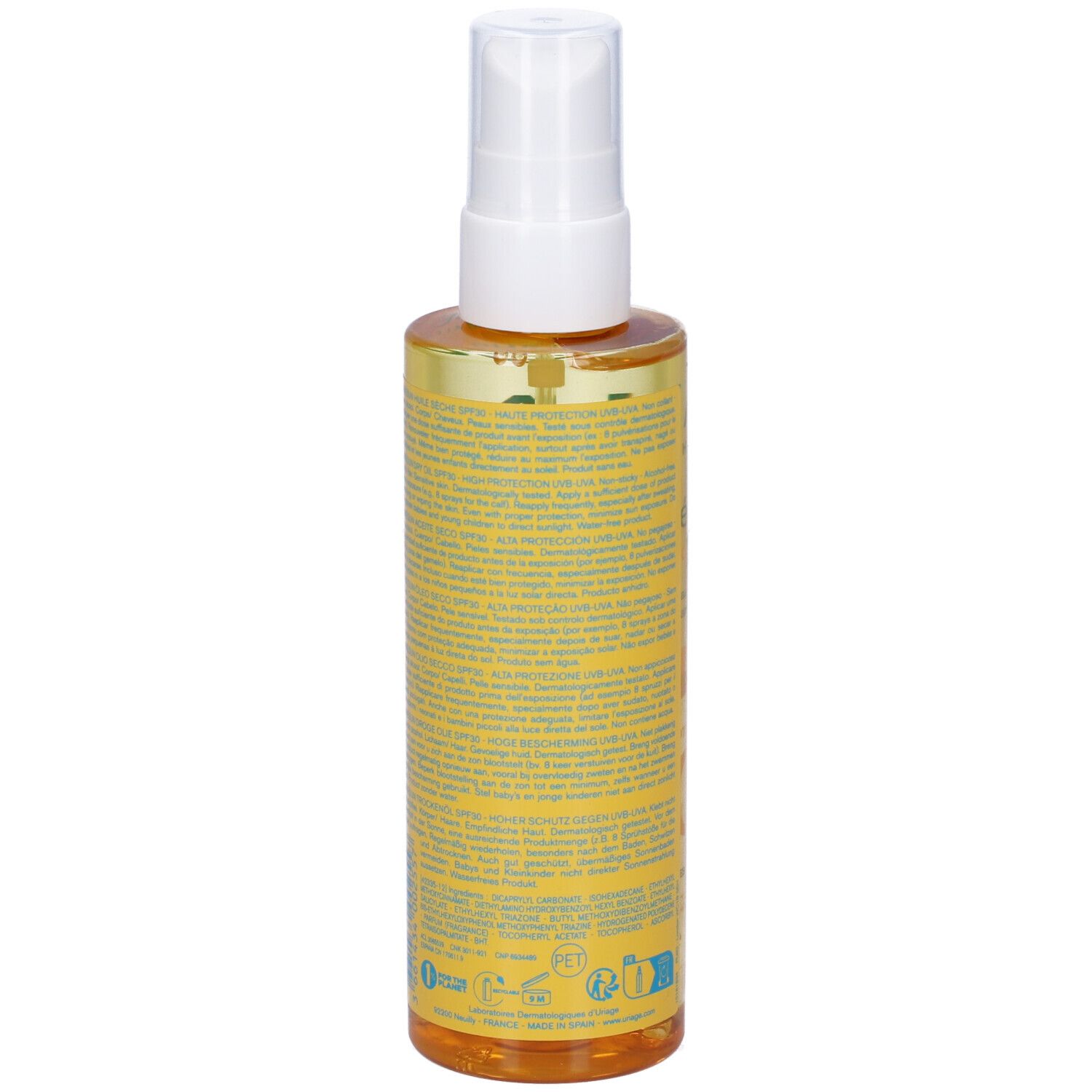 Uriage Bariésun Olio Secco SPF 30. Flacone giallo con erogatore spray. Testo sull'etichetta: « Huile Sèche Dry Oil » e « SPF 30 ».