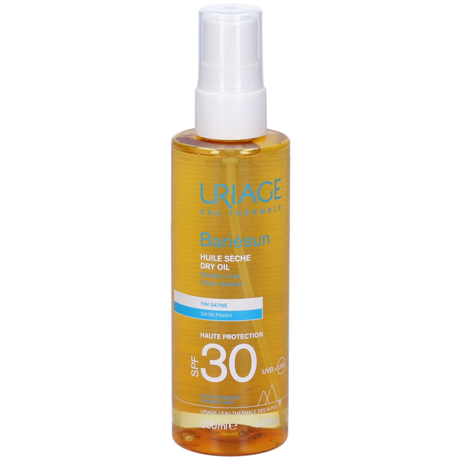 Uriage Bariésun Olio Secco SPF 30. Flacone giallo con erogatore spray. Testo sull'etichetta: « Huile Sèche Dry Oil » e « SPF 30 ».