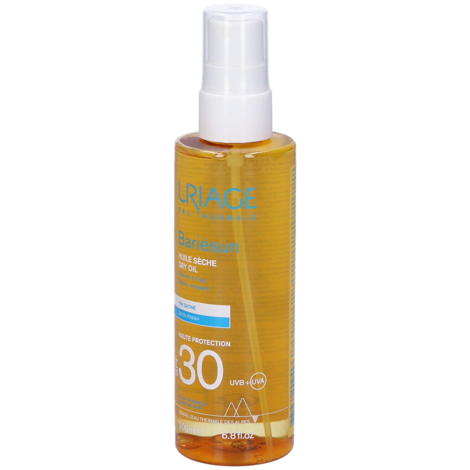 Uriage Bariésun Olio Secco SPF 30. Flacone giallo con erogatore spray. Testo sull'etichetta: « Huile Sèche Dry Oil » e « SPF 30 ».