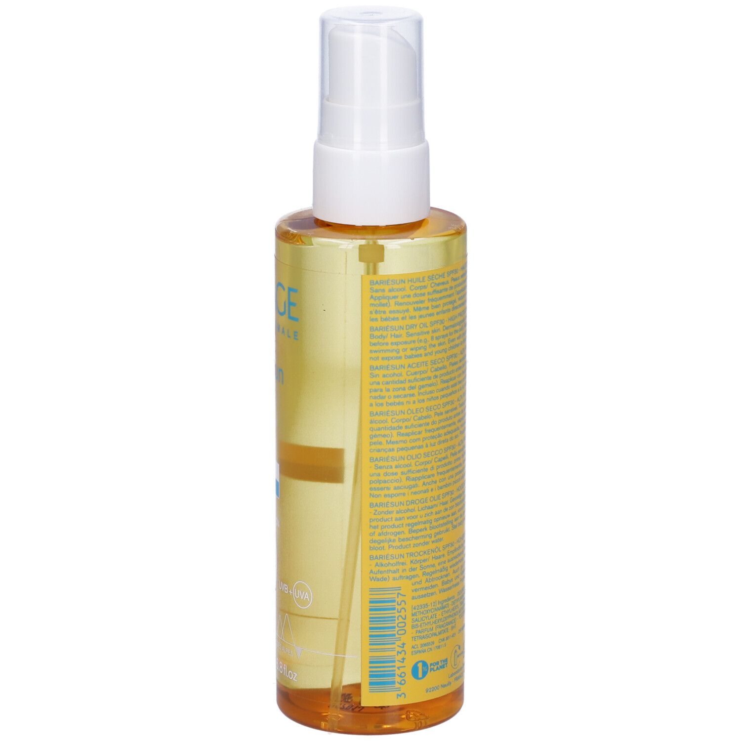 Retro del flacone Uriage Bariésun Olio Secco SPF 30. Liquido giallo visibile. Testo sull'etichetta.
