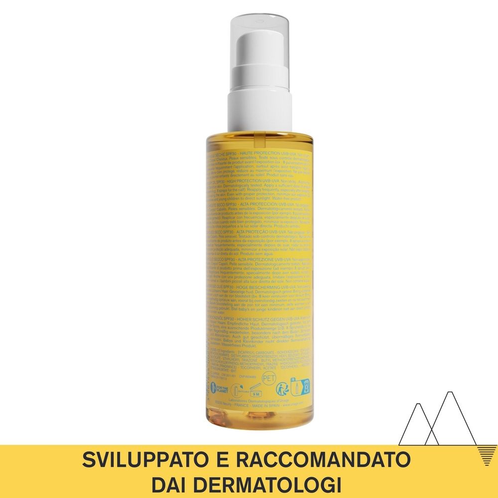 Retro del flacone Uriage Bariésun Olio Secco SPF 30. Liquido giallo visibile. Testo sull'etichetta.