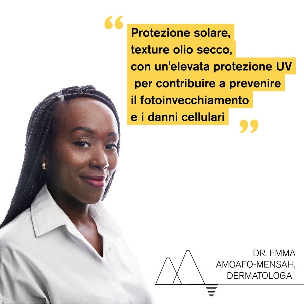 Donna con testo sulla protezione solare e danni cellulari. Firma: Dr. Emma Amoafo-Mensah, dermatologa.
