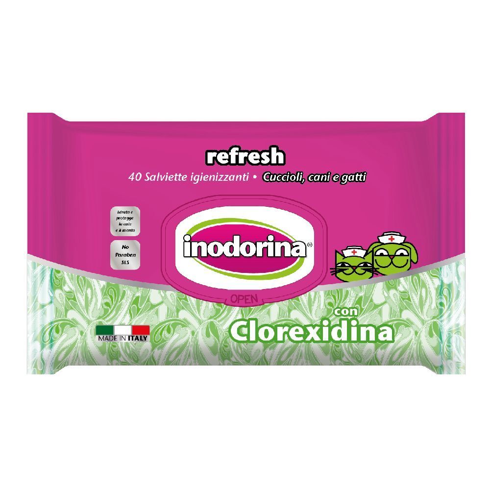 Confezione rosa con logo "inodorina" e testo. Contiene 40 salviette igienizzanti per cuccioli, cani e gatti. Con Clorexidina.