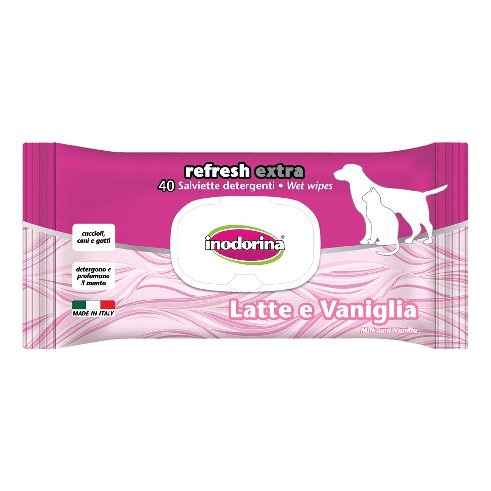 Confezione rosa "refresh extra" con "40 Salviette detergenti". Logo "inodorina". Silhouette cane e gatto.