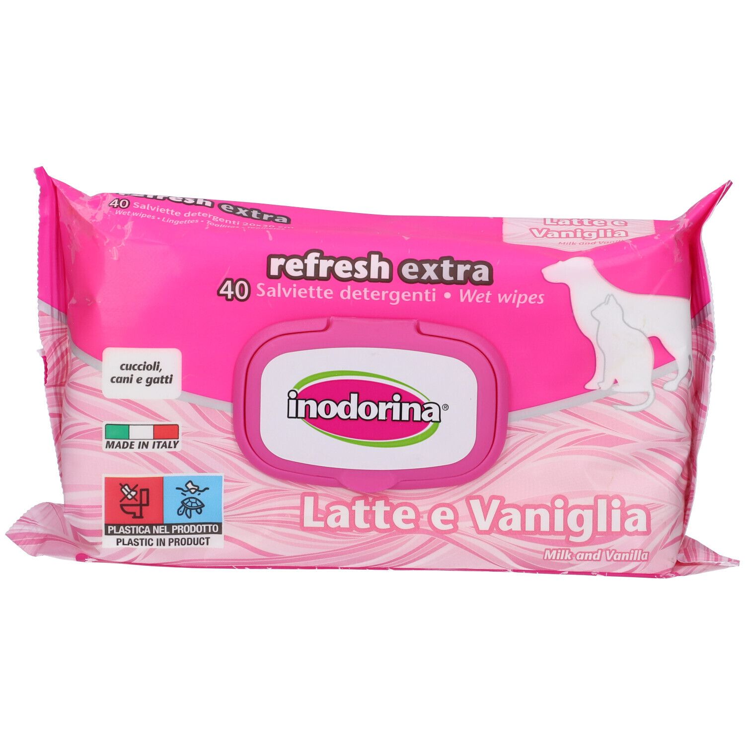 Confezione rosa "refresh extra" con "40 Salviette detergenti". Logo "inodorina". Silhouette cane e gatto.