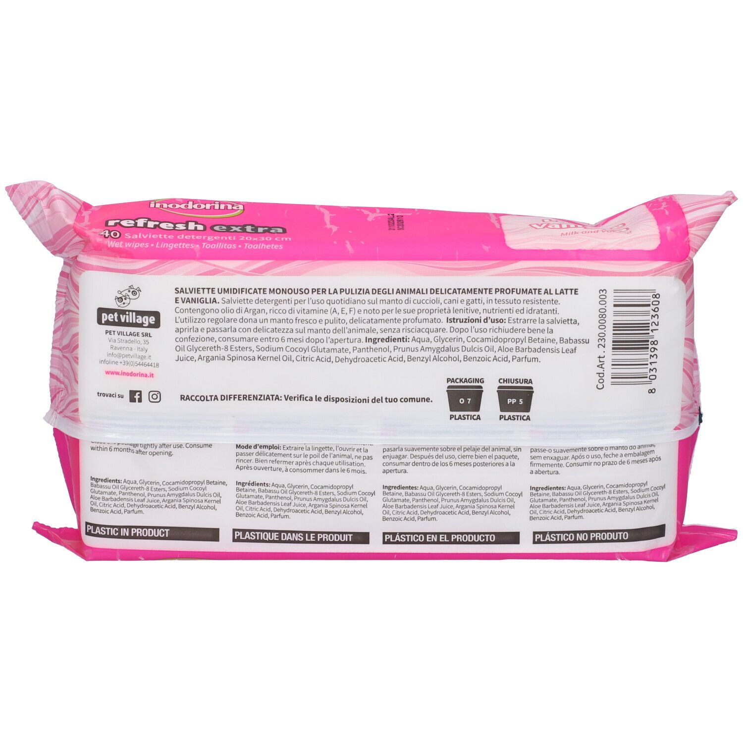 Retro della confezione rosa. Testo: "Salviette umidificate monouso". Ingredienti e informazioni riciclo.