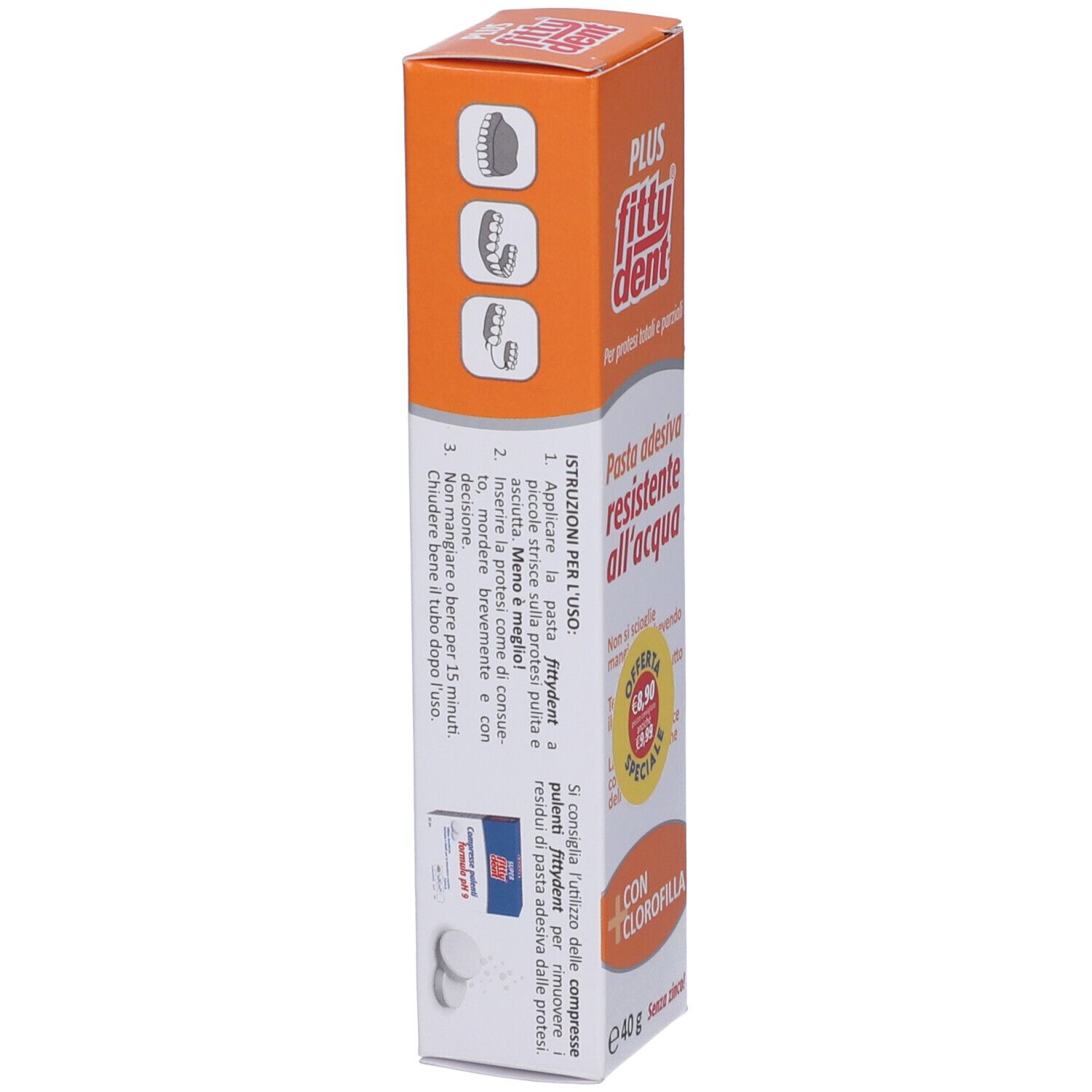 Verpackung für Haftcreme mit Abbildungen von Zahnprothesen und Anwendungshinweisen.