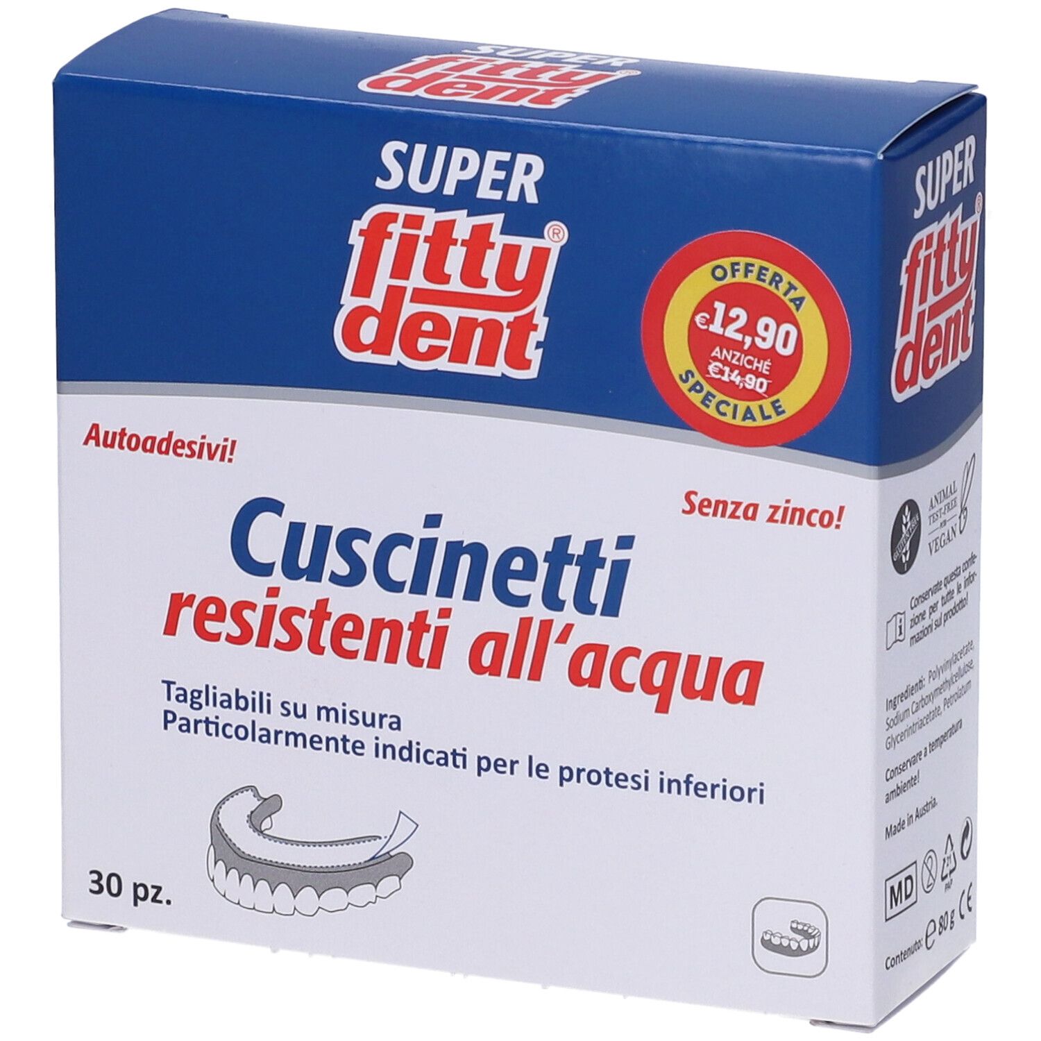Schachtel mit Fitty®Dent Cuscinetti resistenti all'acqua. Text in Rot und Weiß auf blauem Grund. 30 Stück. Preisaufkleber.
