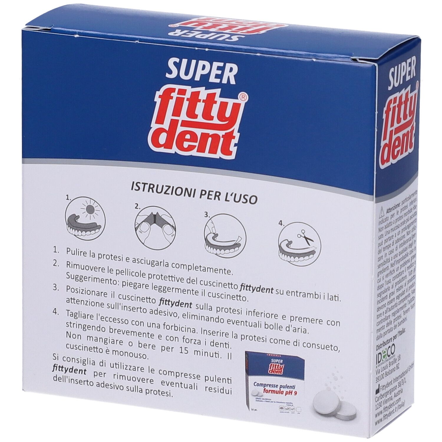 Rückseite der Schachtel mit Fitty®Dent Cuscinetti resistenti all'acqua. Gebrauchsanweisung in italienischer Sprache. Abbildungen.