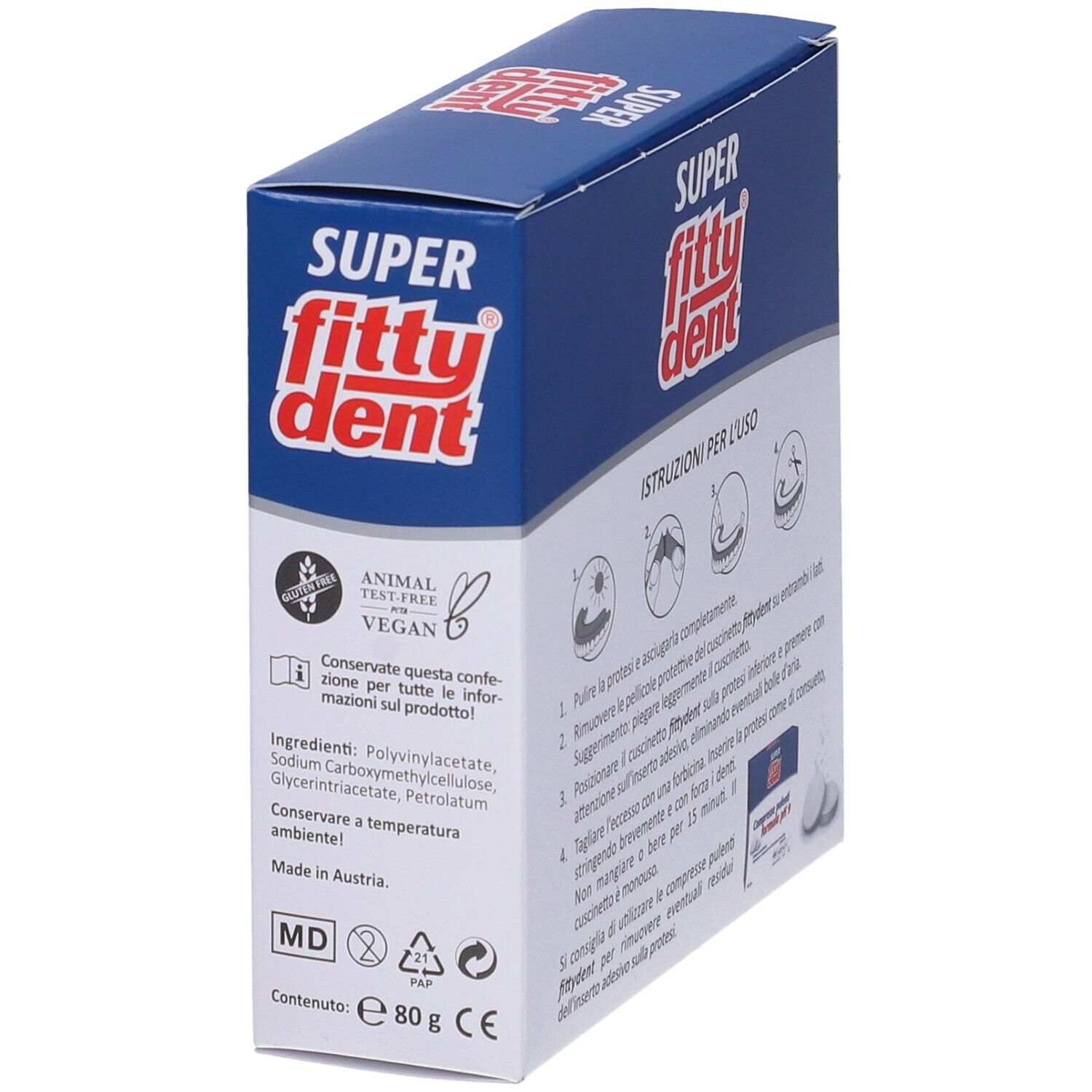 Seitenansicht der Schachtel mit Fitty®Dent Cuscinetti resistenti all'acqua. Inhaltsstoffe, Vegan-Siegel, MD-Zeichen, CE-Kennzeichnung.