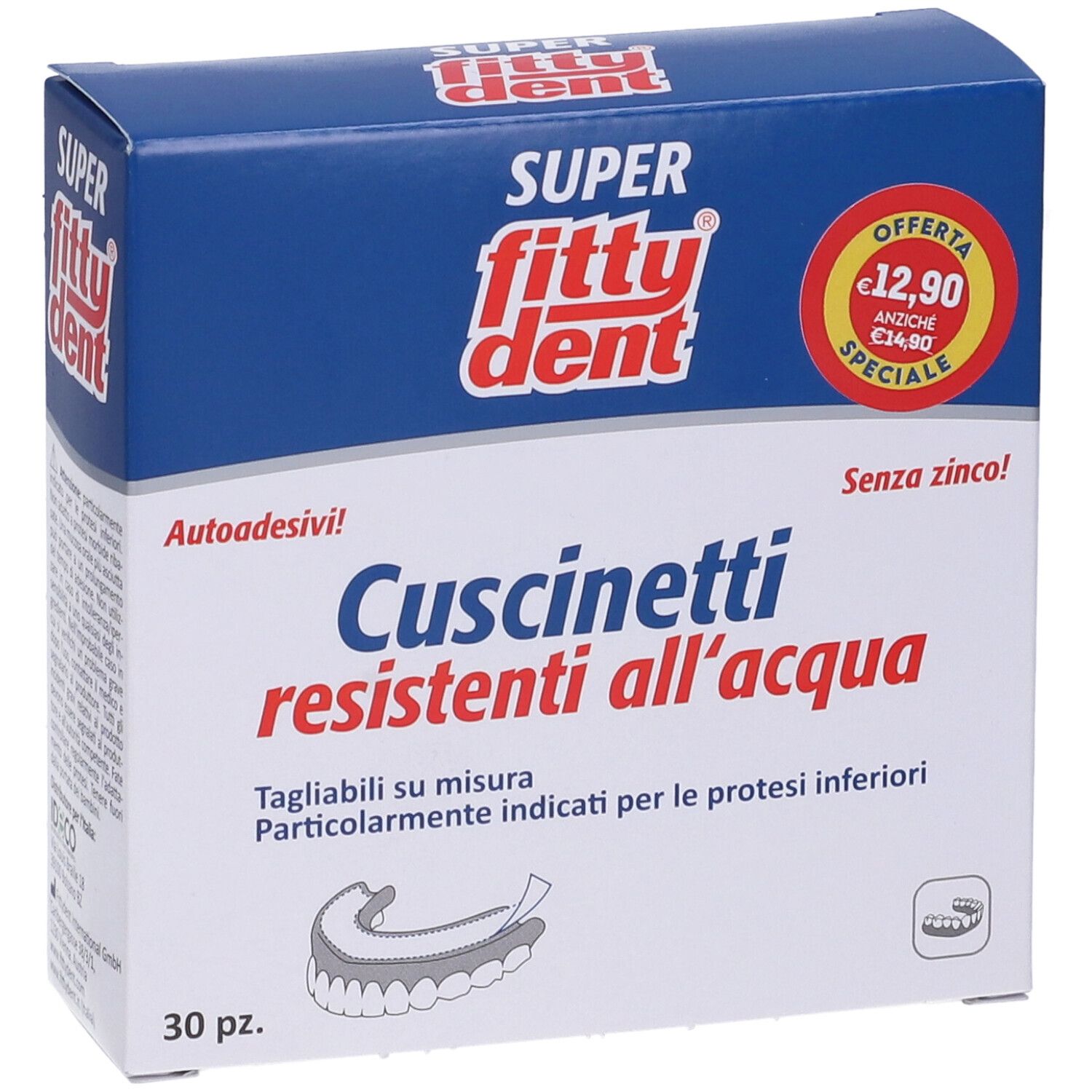 Schachtel mit Fitty®Dent Cuscinetti resistenti all'acqua. Text in Rot und Weiß auf blauem Grund. 30 Stück. Preisaufkleber.