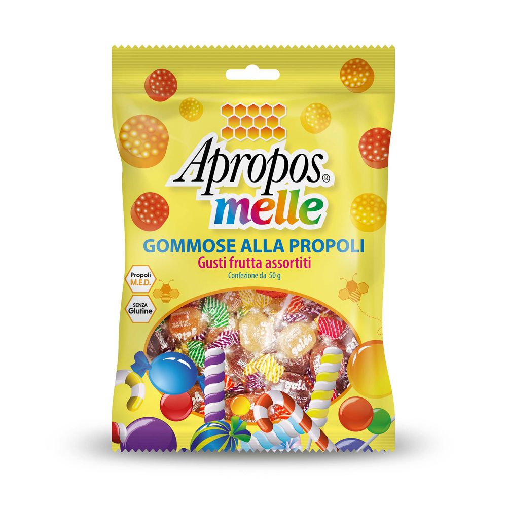 Busta gialla APROPOS MELLE GOMMOSE. Scritta: GOMMOSE ALLA PROPOLI, Gusti frutta assortiti. Senza glutine.