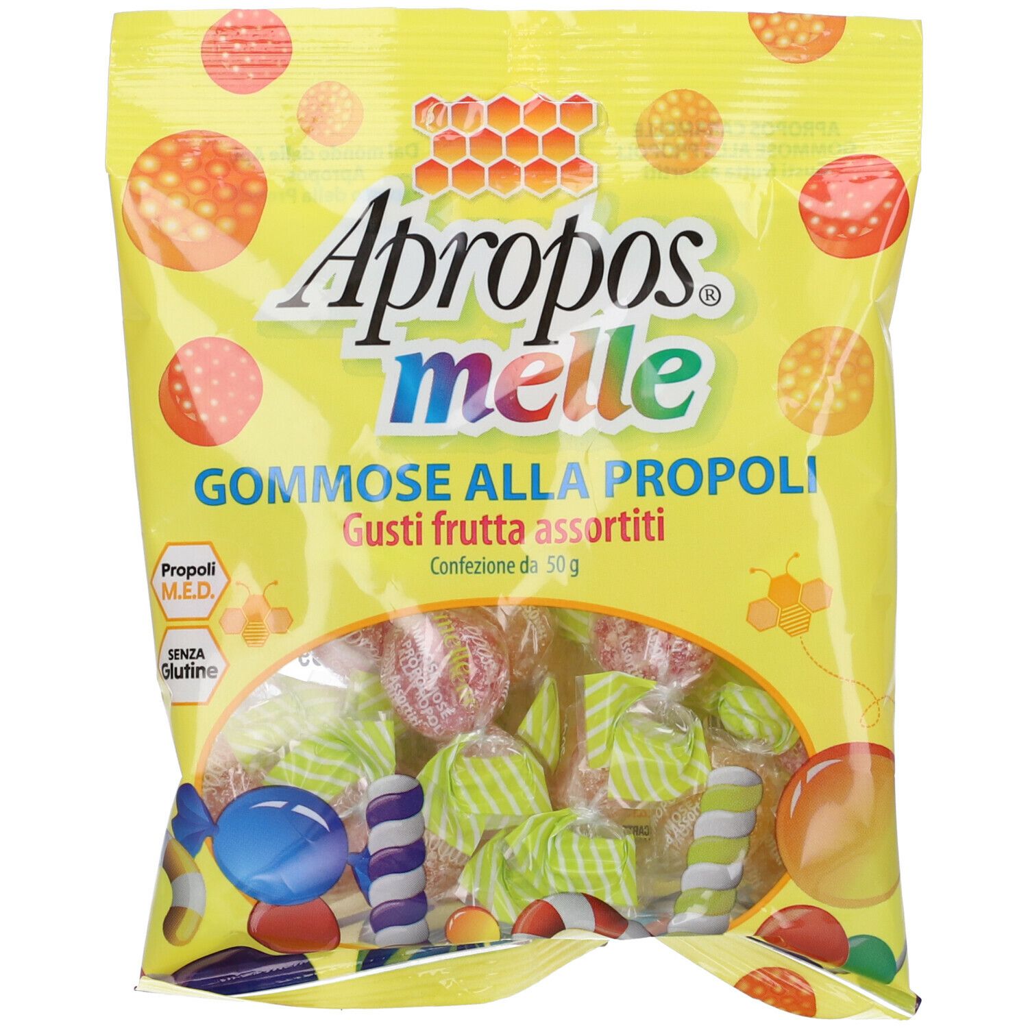 Busta gialla APROPOS MELLE GOMMOSE. Scritta: GOMMOSE ALLA PROPOLI, Gusti frutta assortiti. Contenuto: caramelle.