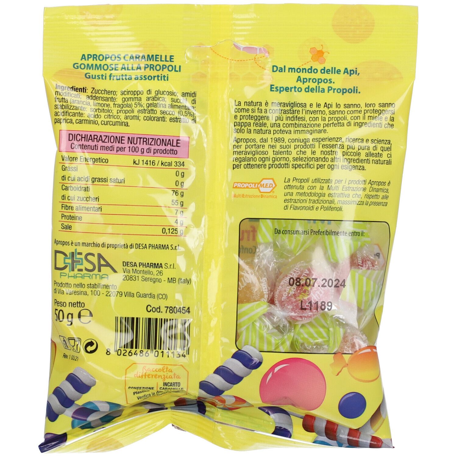 Retro busta gialla APROPOS MELLE GOMMOSE. Testo: informazioni nutrizionali, ingredienti, produttore, data di scadenza.