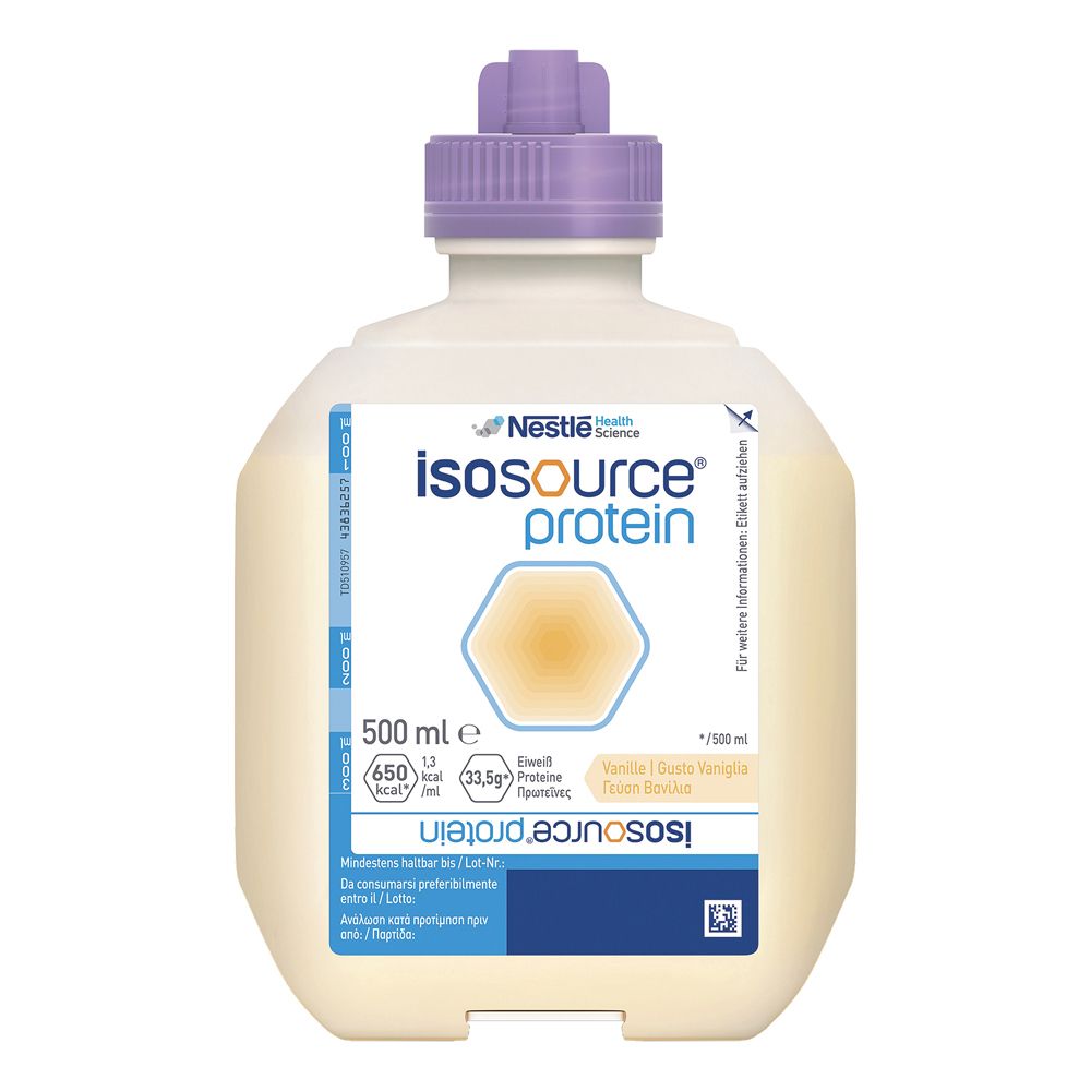 Bottiglia Isosource Protein con tappo viola. Contiene 500 ml. Scritta: Nestle Health Science.