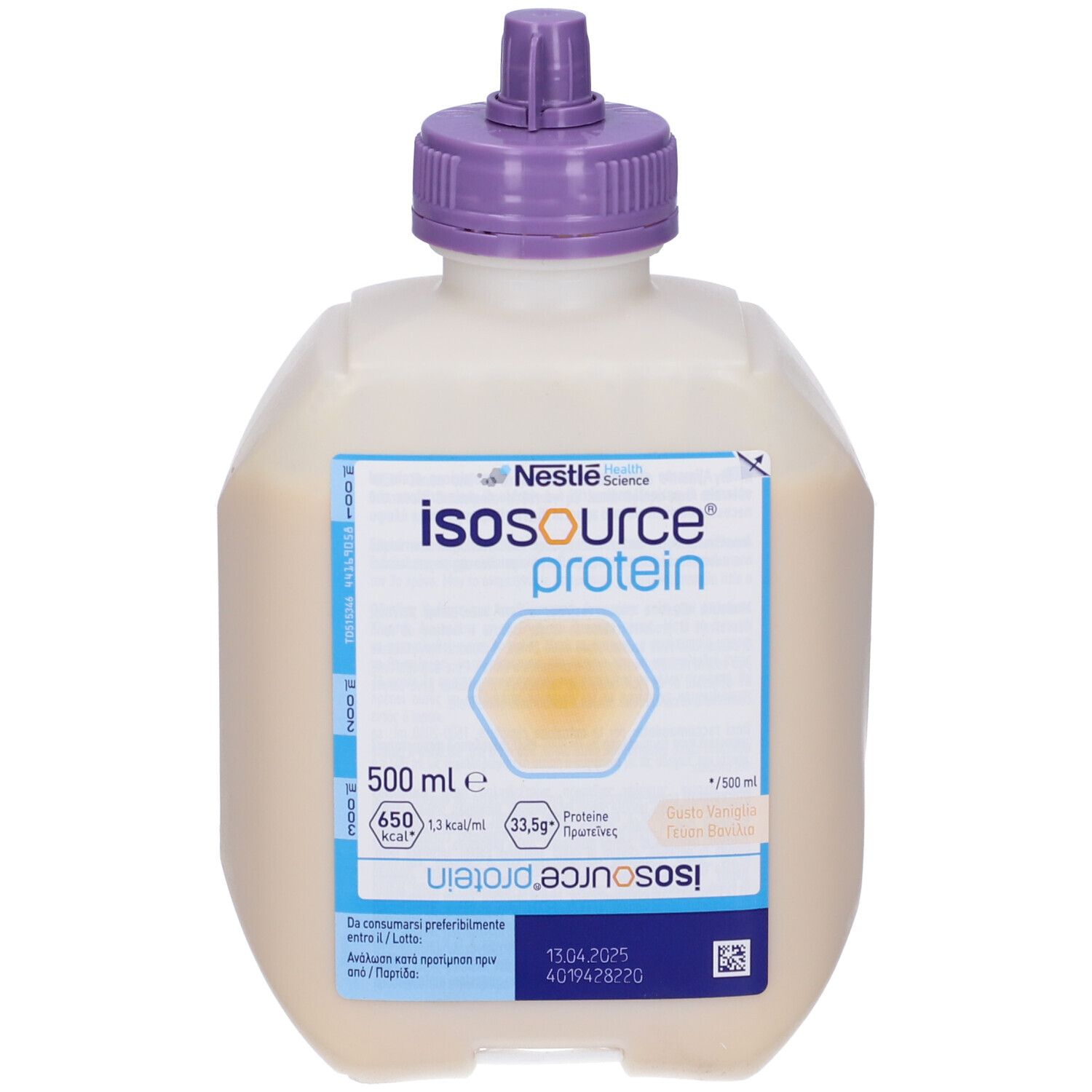 Bottiglia Isosource Protein con tappo viola. Contiene 500 ml. Scadenza: 13.04.2025.
