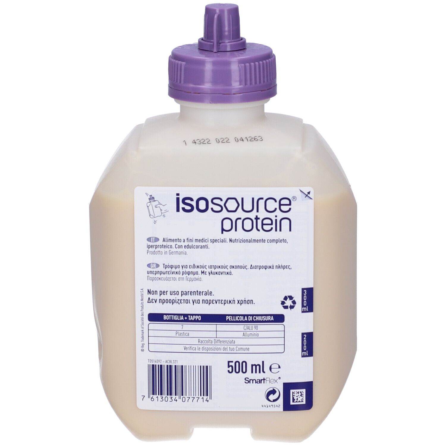 Bottiglia Isosource Protein con tappo viola. Contiene 500 ml. Scritta: SmartFlex.