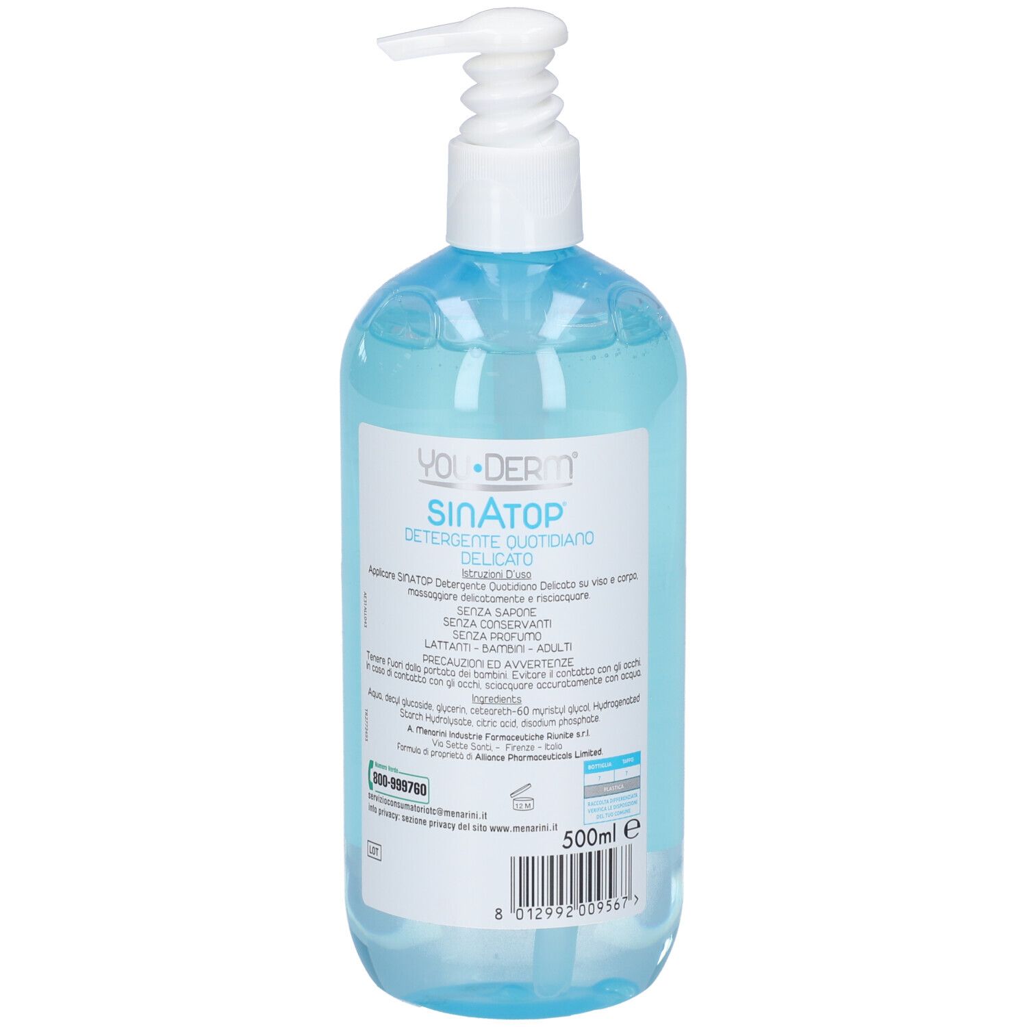 Flasche mit Pumpspender, gefüllt mit klarer, blauer Flüssigkeit.