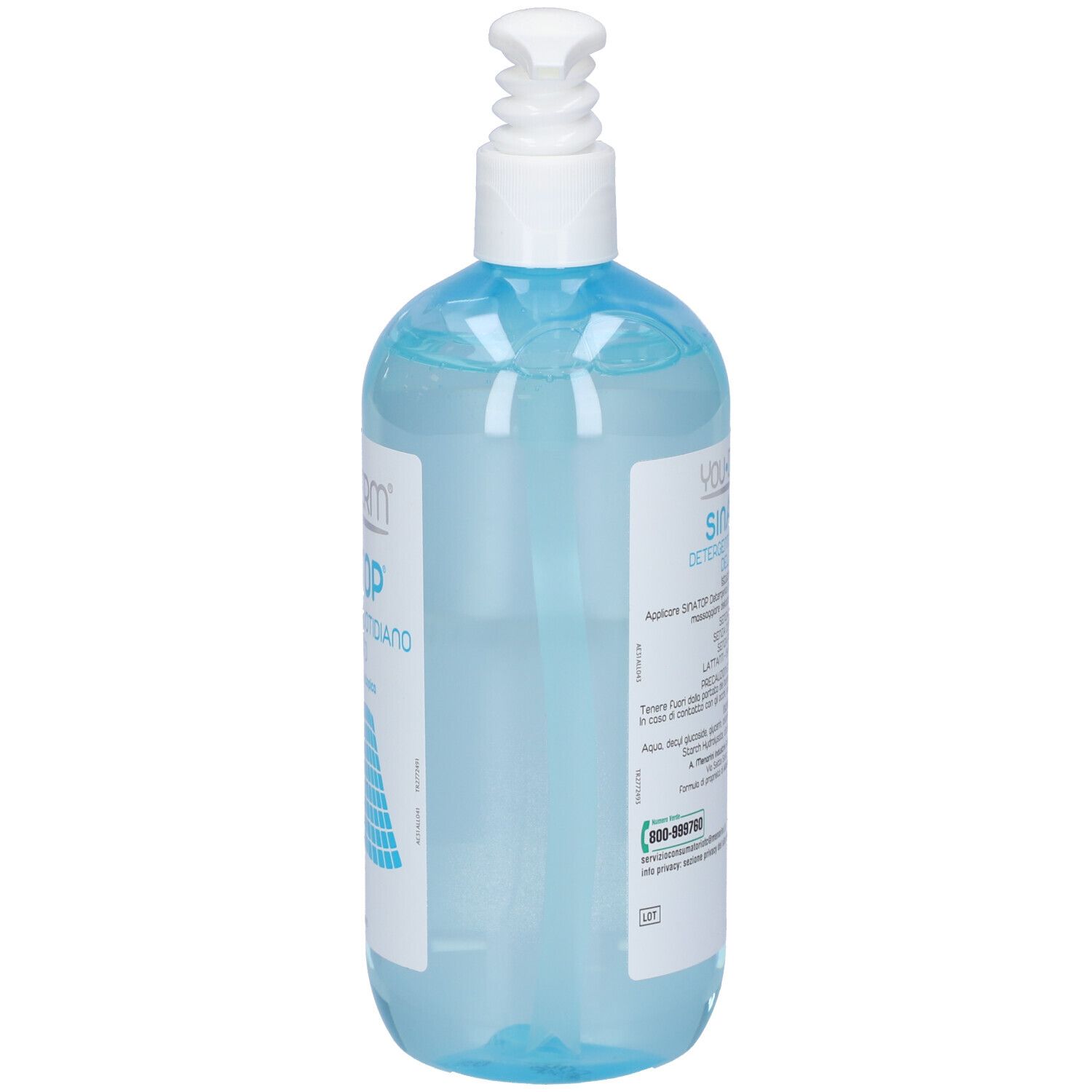 Flasche mit blauem Handdesinfektionsmittel und weißem Pumpspender.