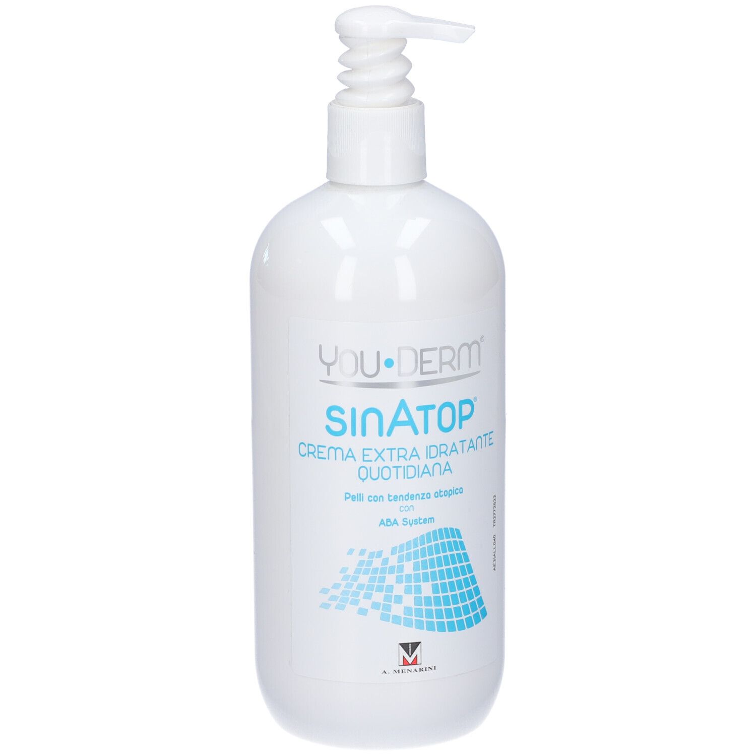 Weiße Flasche mit Pumpe. Aufschrift: YOUDERM Sinatop, Creme extra idratante quotidiana. Für empfindliche Haut.