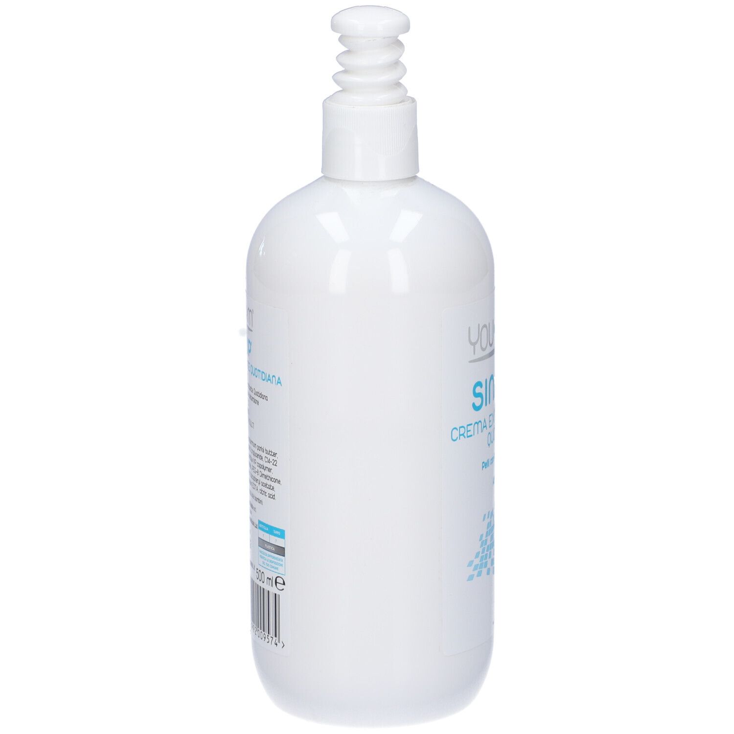 Weiße Flasche mit Pumpe. Auf der Seite Text und Barcode. Produktname: YOUDERM Sinatop Creme extra idratante quotidiana.