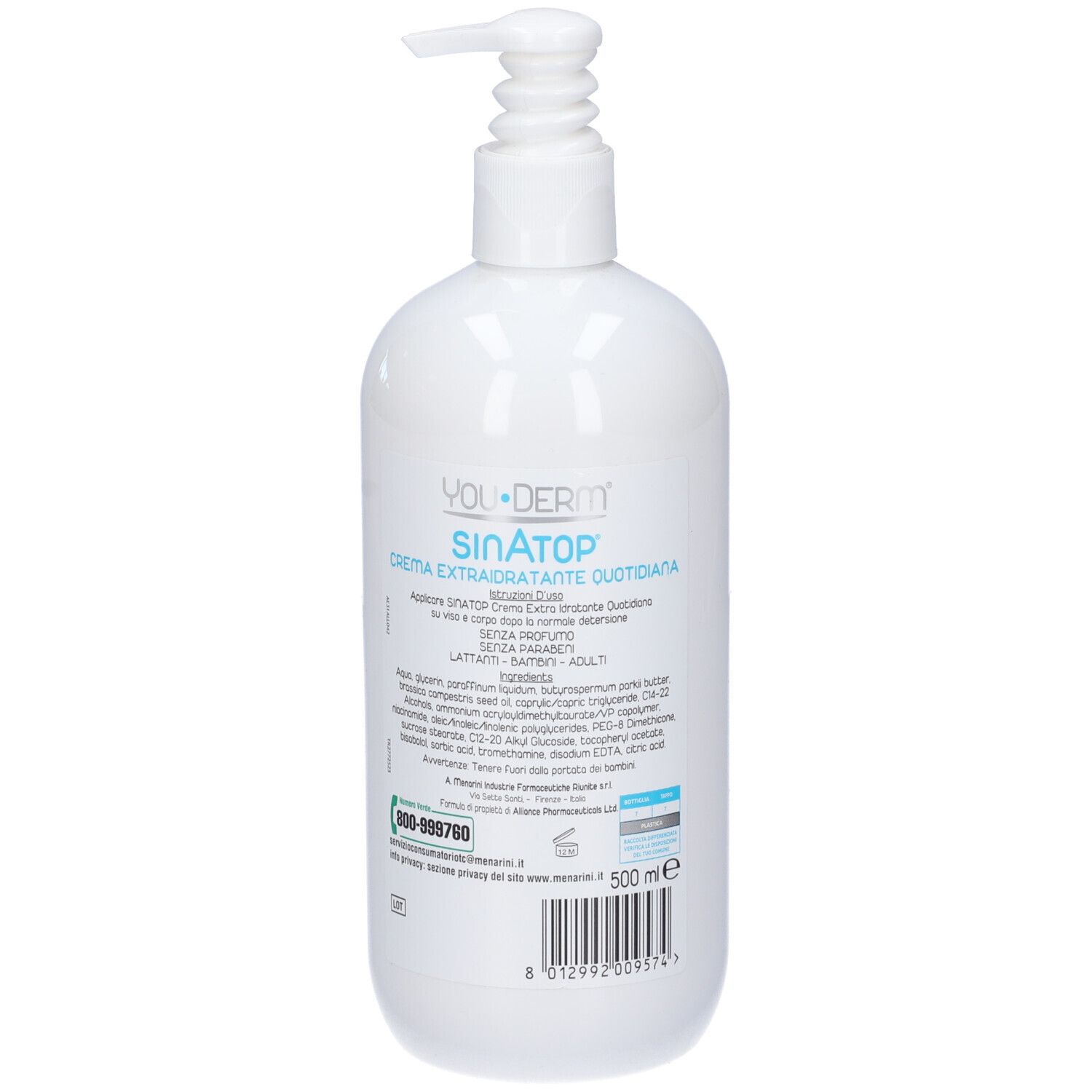 Weiße Flasche mit Pumpe. Rückseite mit Text. Produktname: YOUDERM Sinatop Creme extra idratante quotidiana.