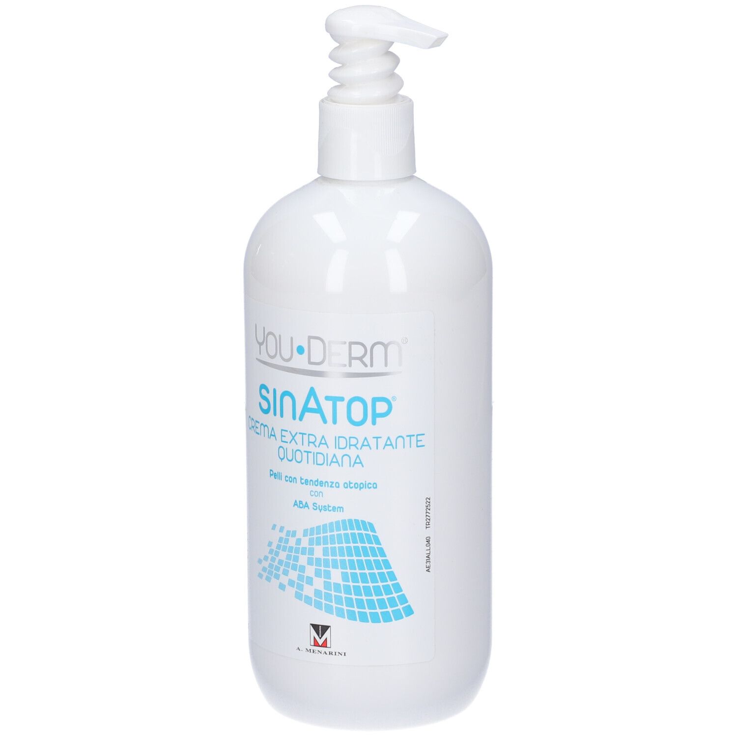 Weiße Flasche mit Pumpe. Aufschrift: YOUDERM Sinatop, Creme extra idratante quotidiana. Für empfindliche Haut.