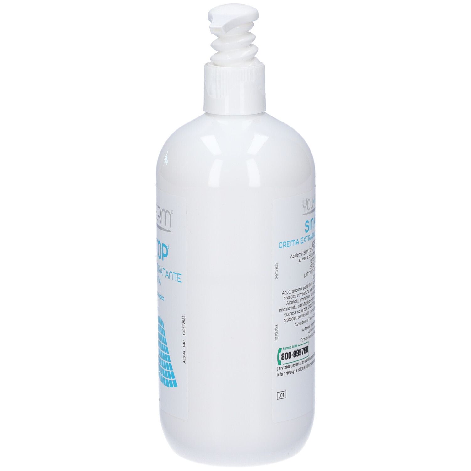 Weiße Flasche mit Pumpe. Auf der Seite Text. Produktname: YOUDERM Sinatop Creme extra idratante quotidiana.