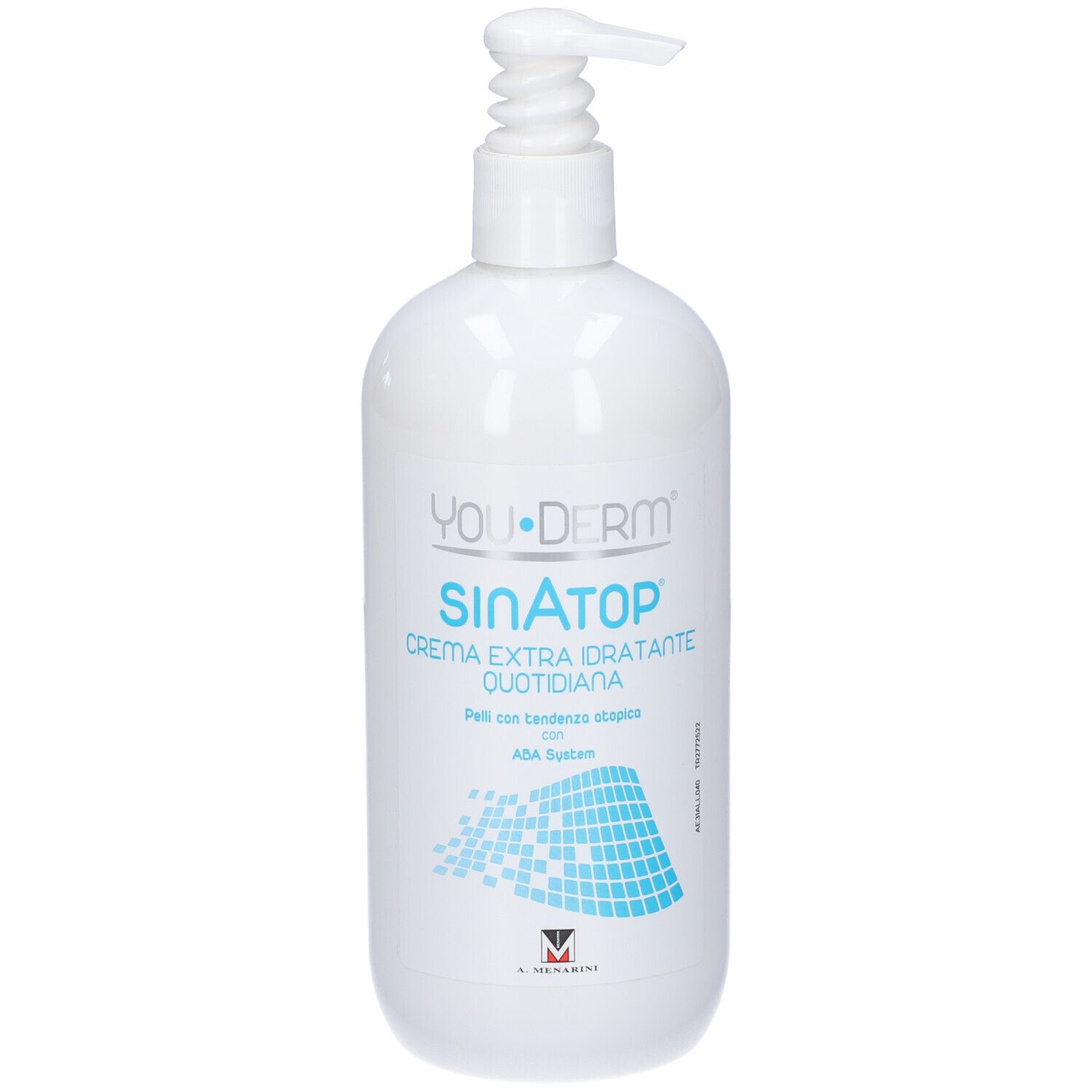 Weiße Flasche mit Pumpe. Aufschrift: YOUDERM Sinatop, Creme extra idratante quotidiana. Für empfindliche Haut.